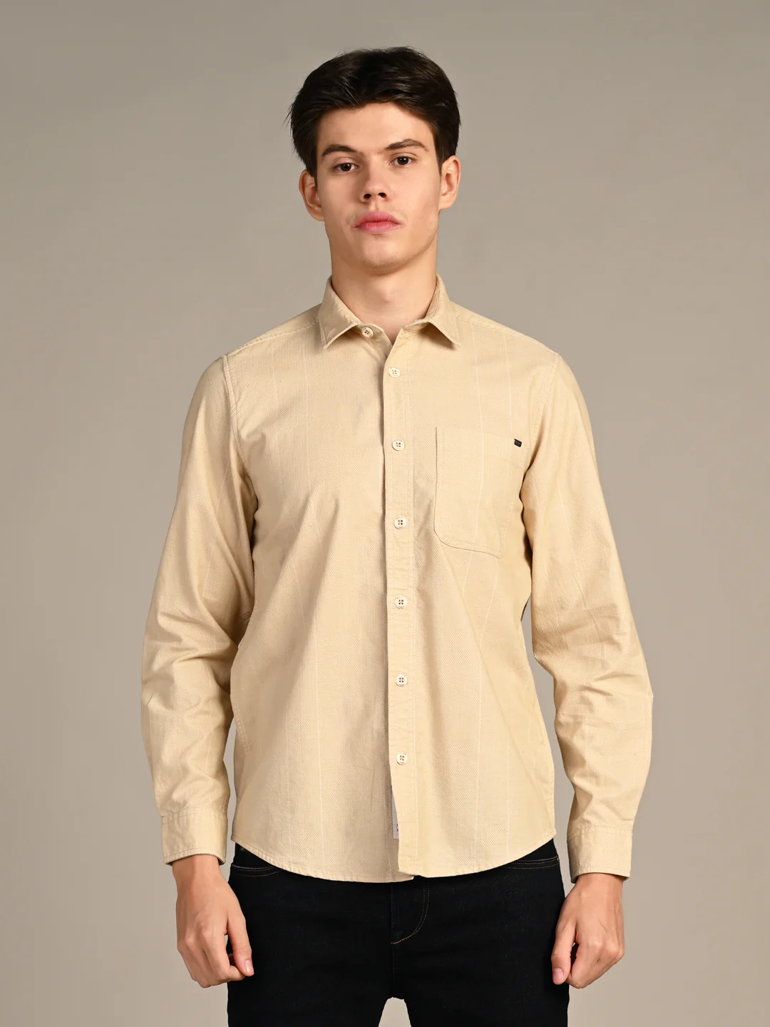 Full Sleeves Slim Fit Beige Dobby Corduroy Solid Shirt - Image 4