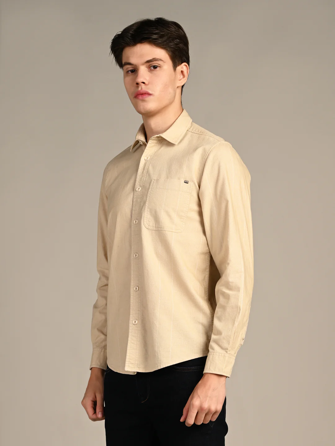 Full Sleeves Slim Fit Beige Dobby Corduroy Solid Shirt - Image 5