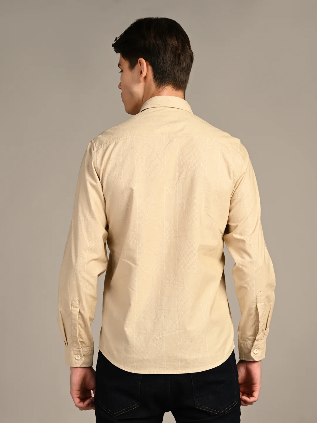 Full Sleeves Slim Fit Beige Dobby Corduroy Solid Shirt - Image 7