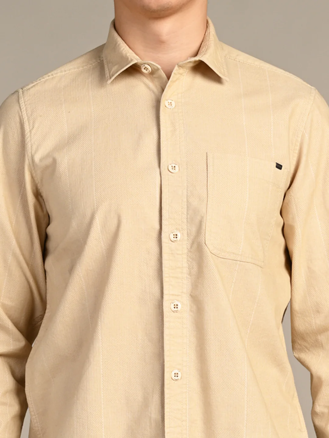 Full Sleeves Slim Fit Beige Dobby Corduroy Solid Shirt - Image 8