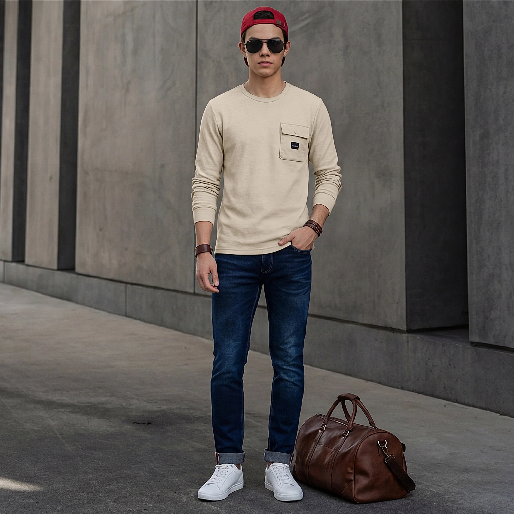 Killer Men Beige Solid Slim Fit T-Shirts