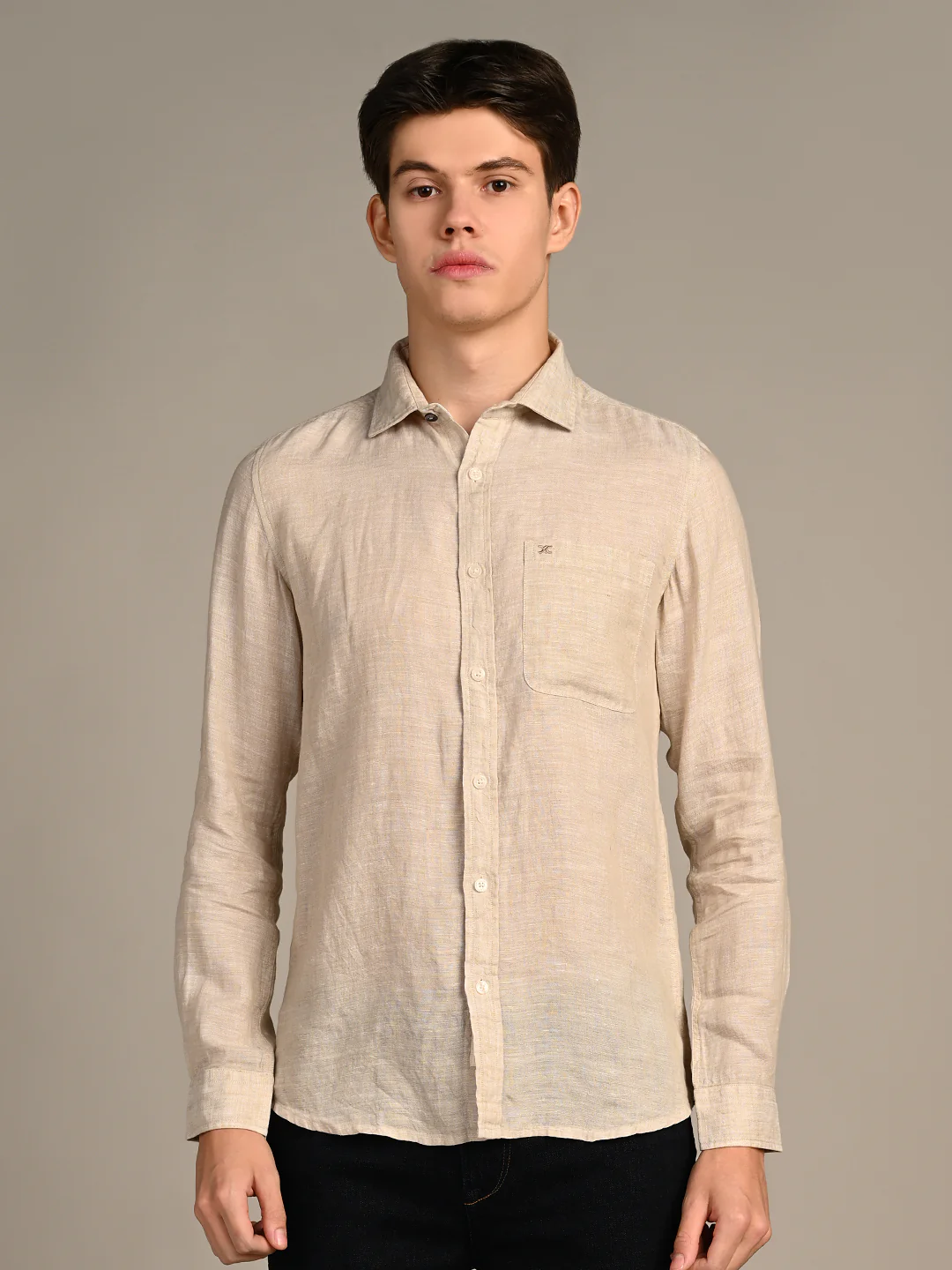 Full sleeves Slim Fit Beige Pure Linen Solid Shirt - Image 4
