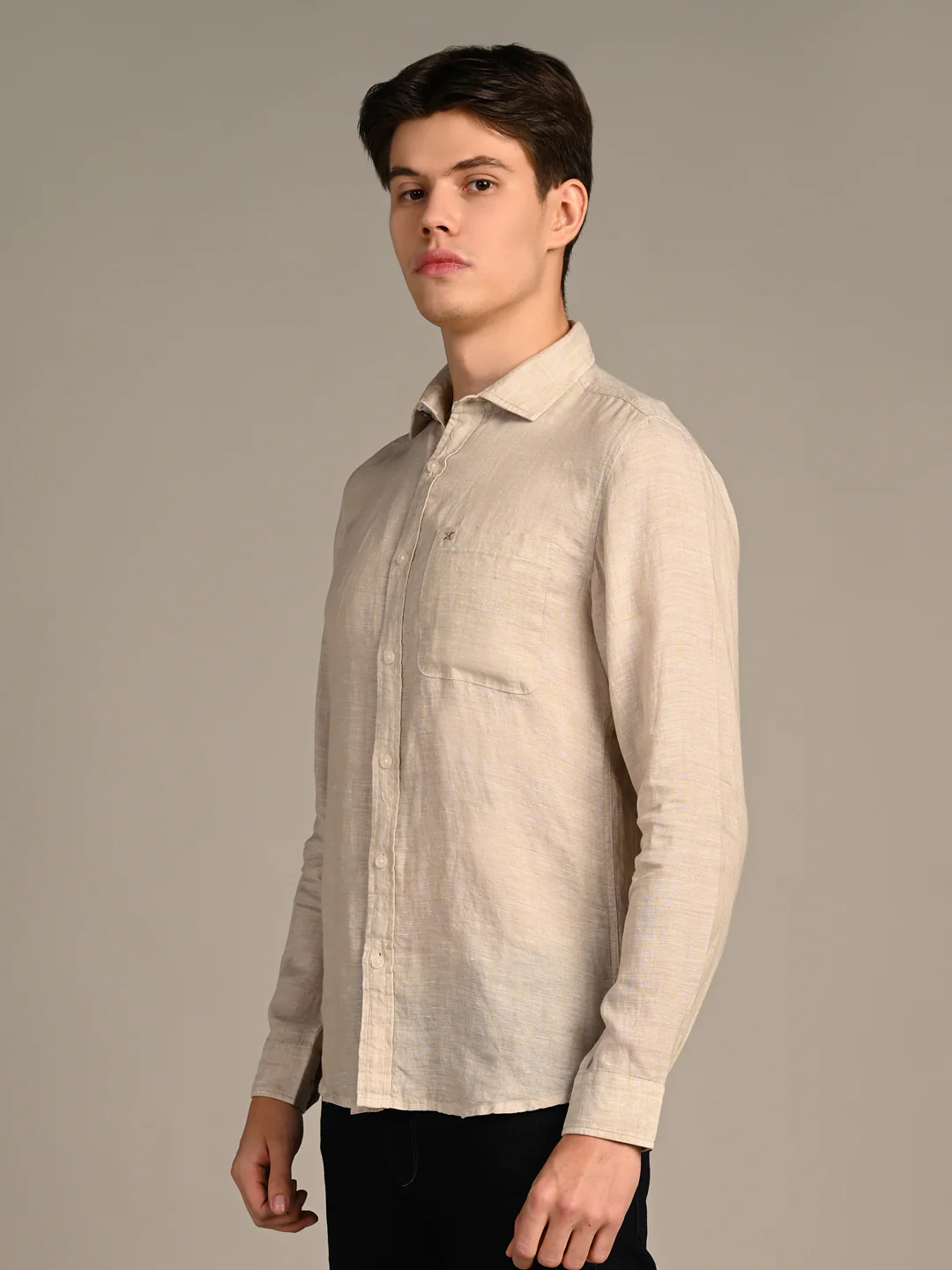 Full sleeves Slim Fit Beige Pure Linen Solid Shirt - Image 6