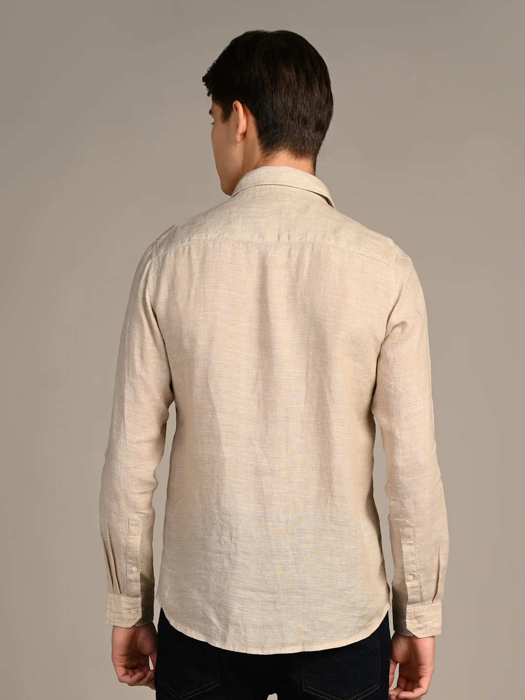 Full sleeves Slim Fit Beige Pure Linen Solid Shirt - Image 7