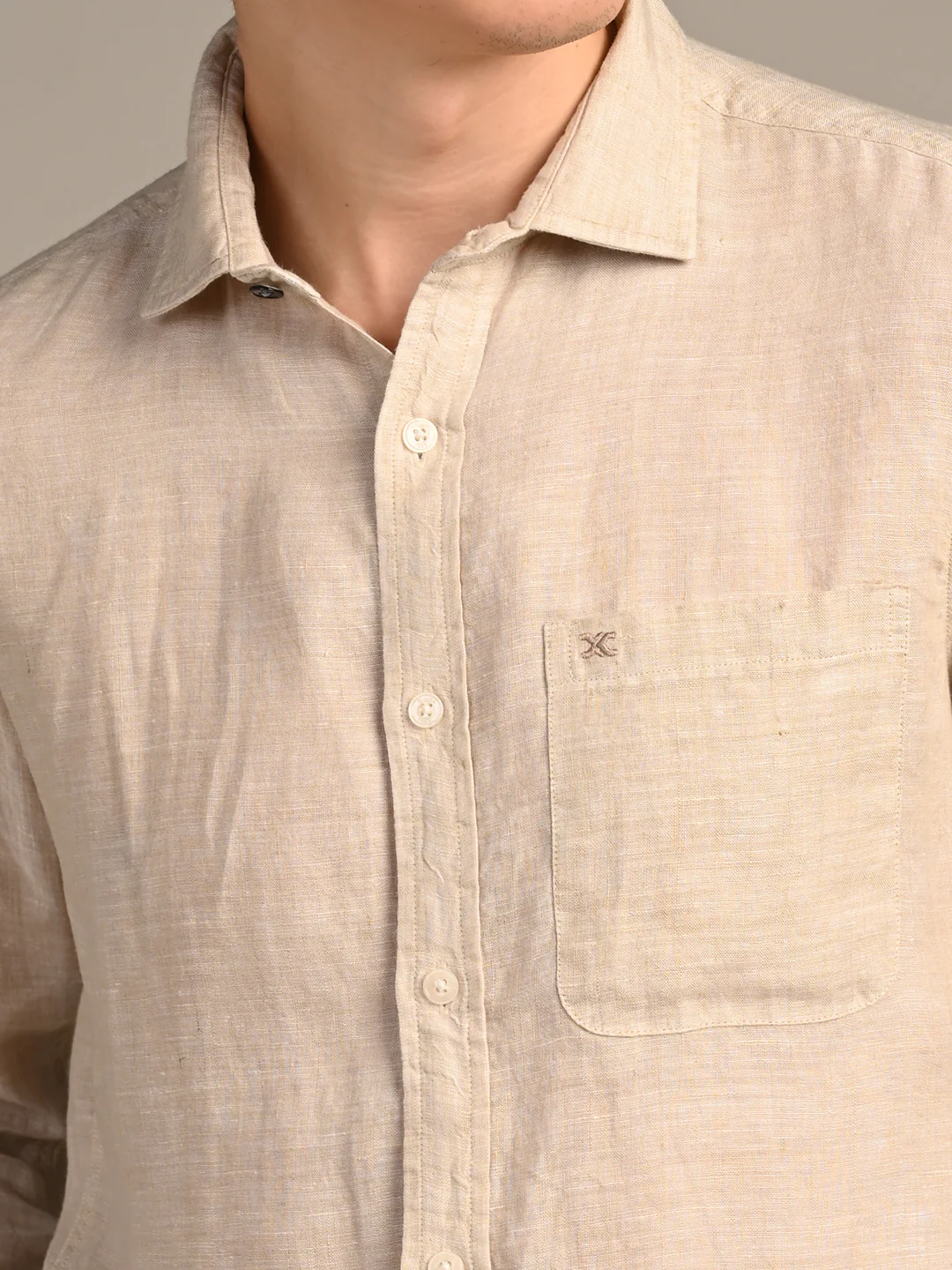 Full sleeves Slim Fit Beige Pure Linen Solid Shirt - Image 8