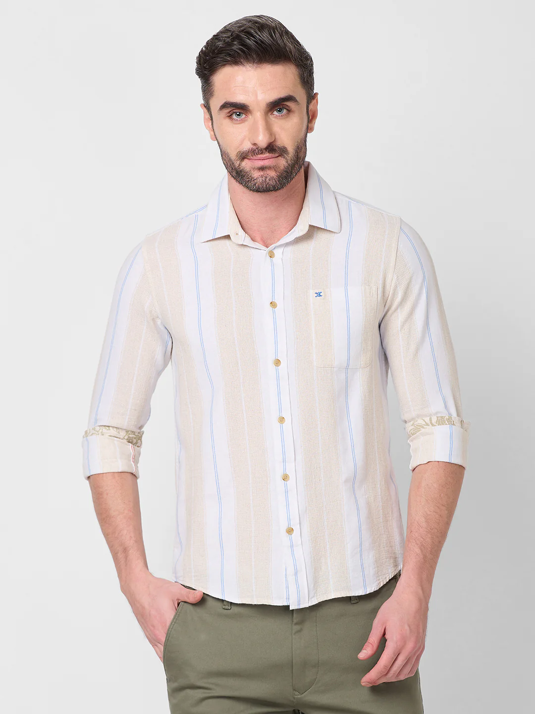 Full Sleeves Slim Fit Beige Stucture Striper Shirt - Image 3
