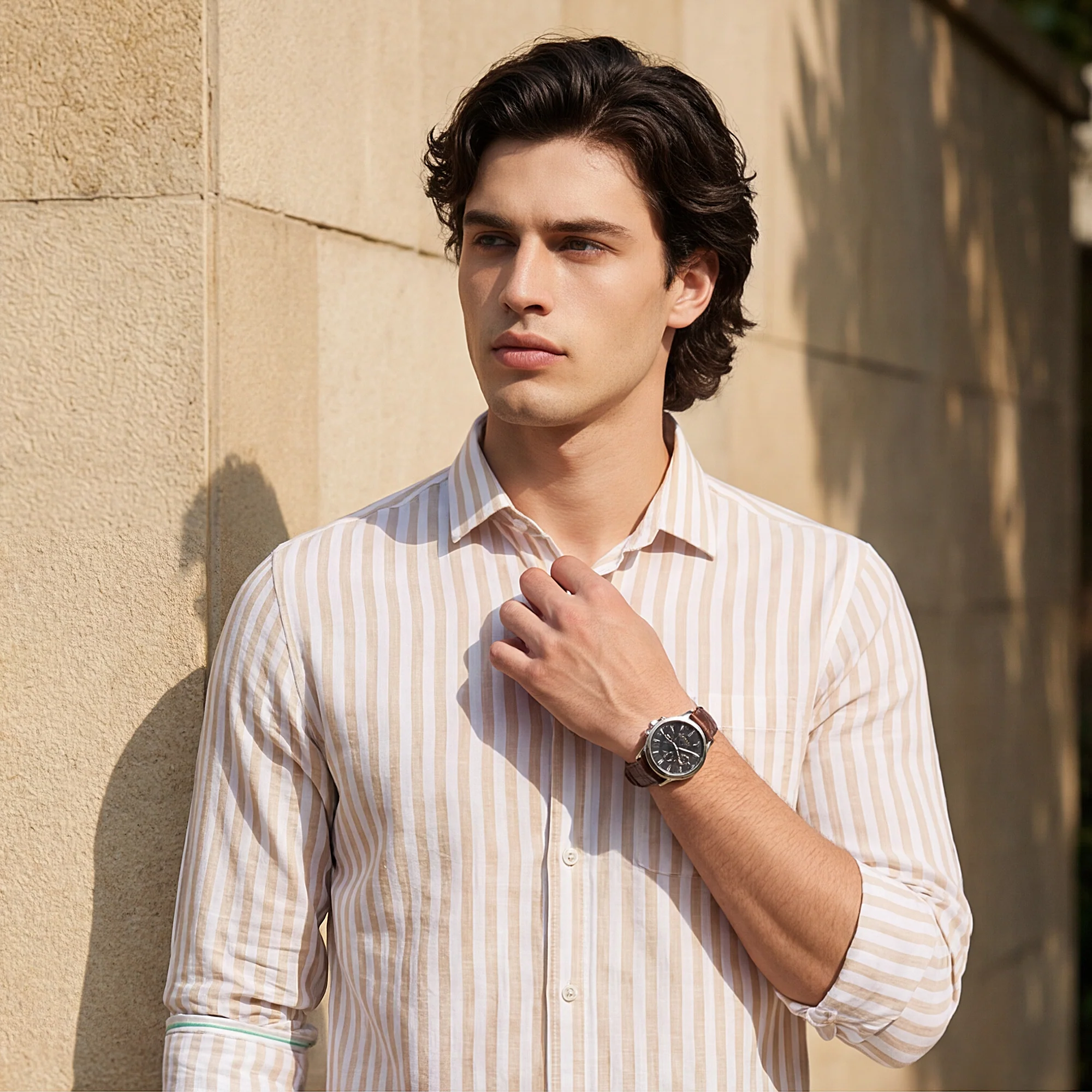 Full sleeves Slim Fit Beige Srtiper Shirt - Image 2