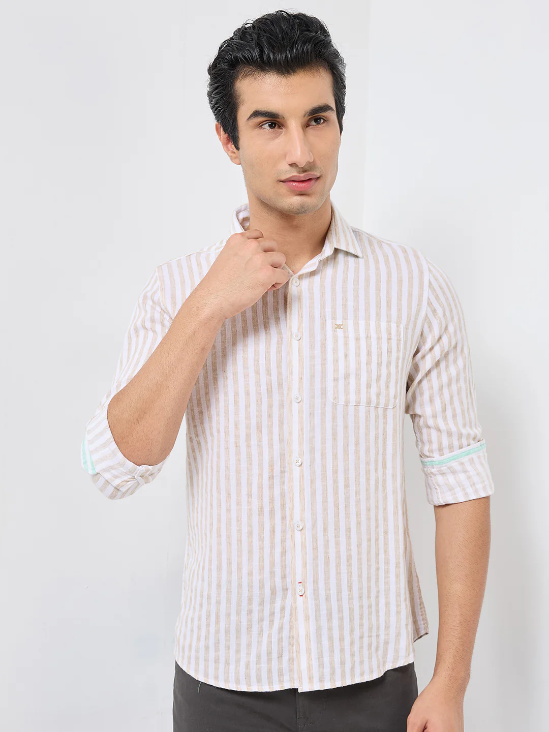 Full sleeves Slim Fit Beige Srtiper Shirt - Image 3