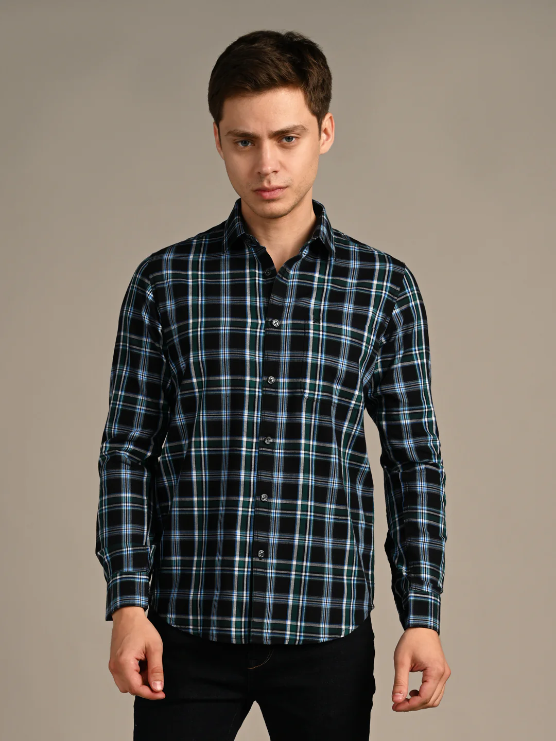 Full Sleeves Staight Fit Black Oxford Checks Shirt - Image 4
