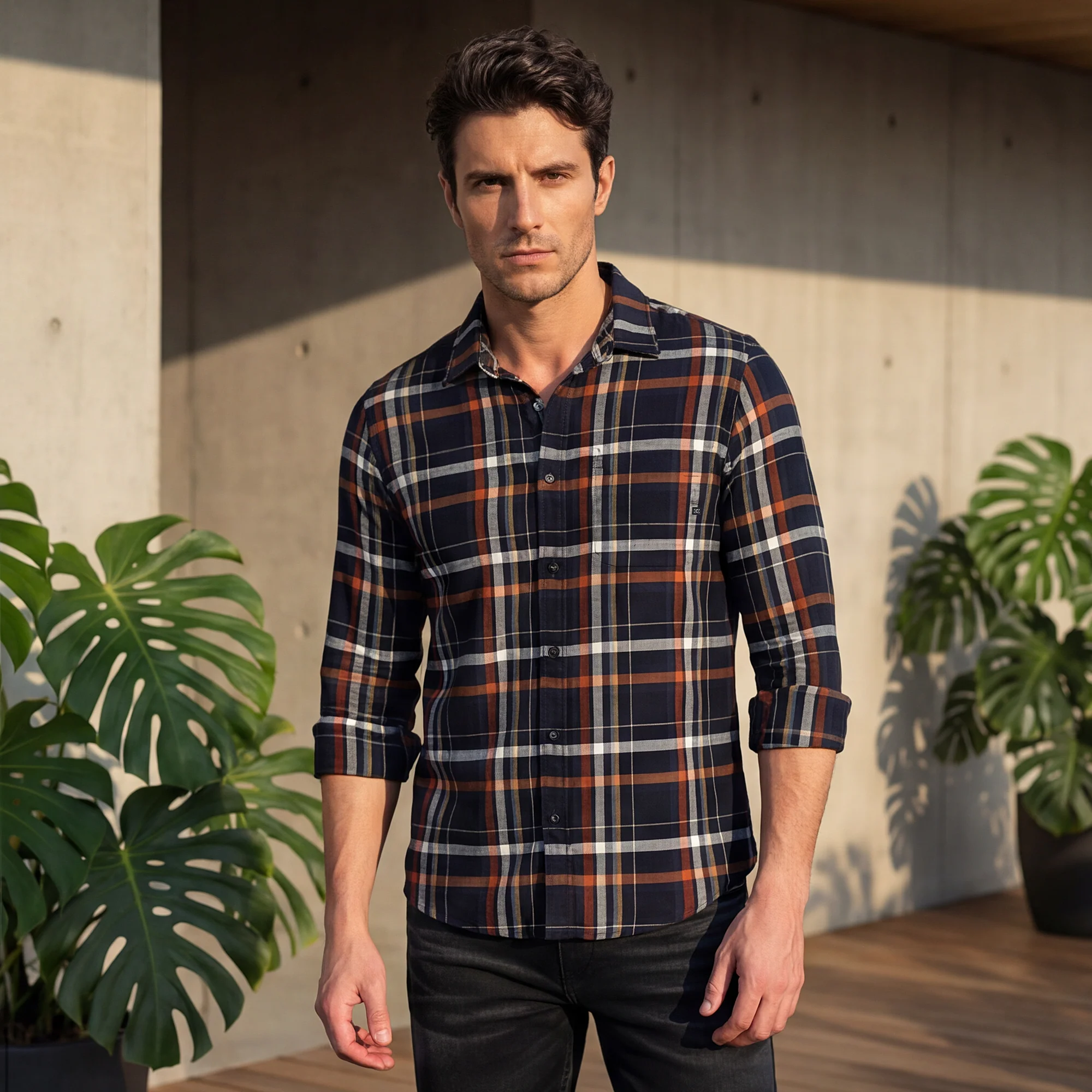 Full Sleeves Slim Fit Black Structure Checks Shirt - Image 2