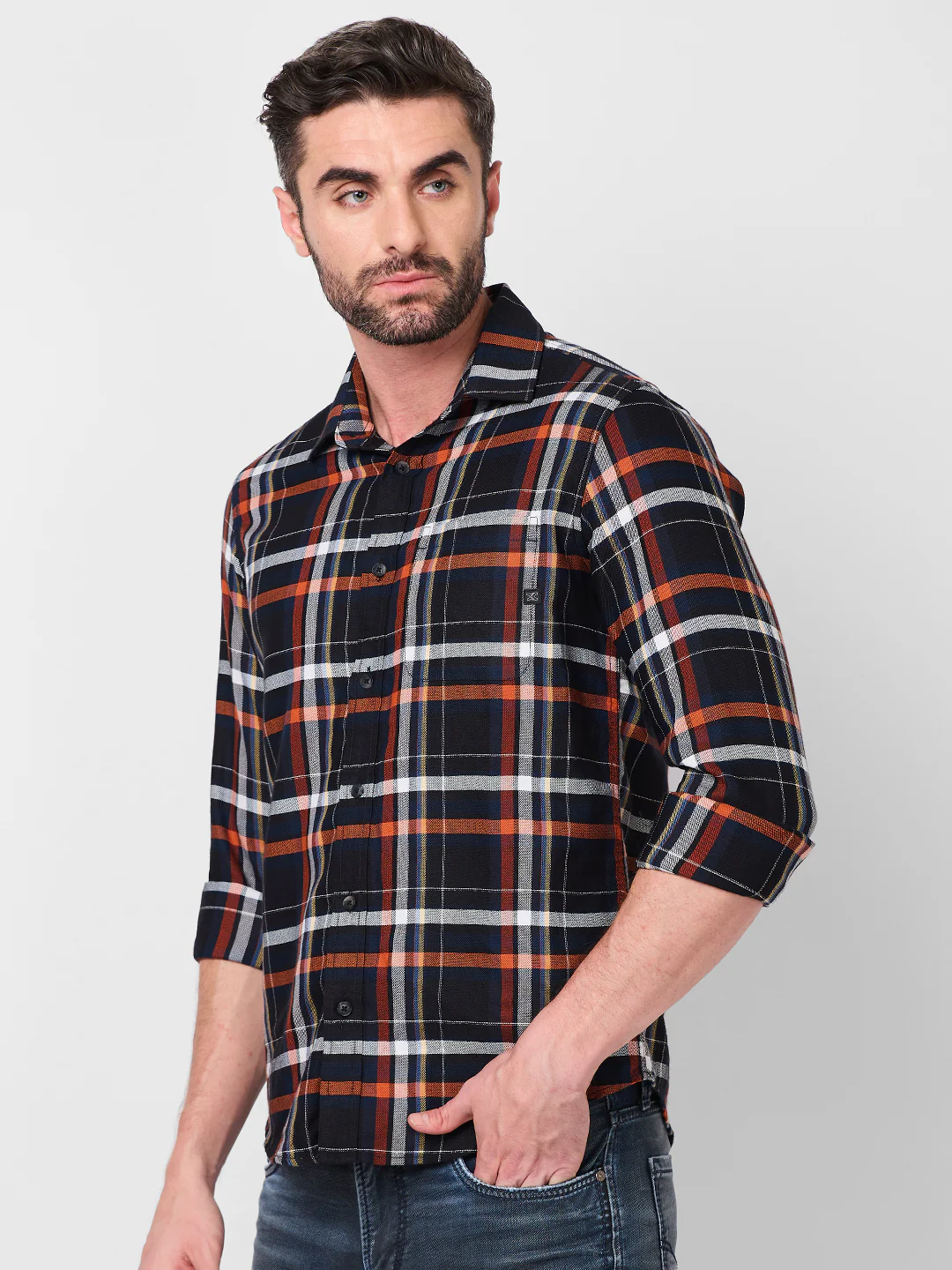 Full Sleeves Slim Fit Black Structure Checks Shirt - Image 6