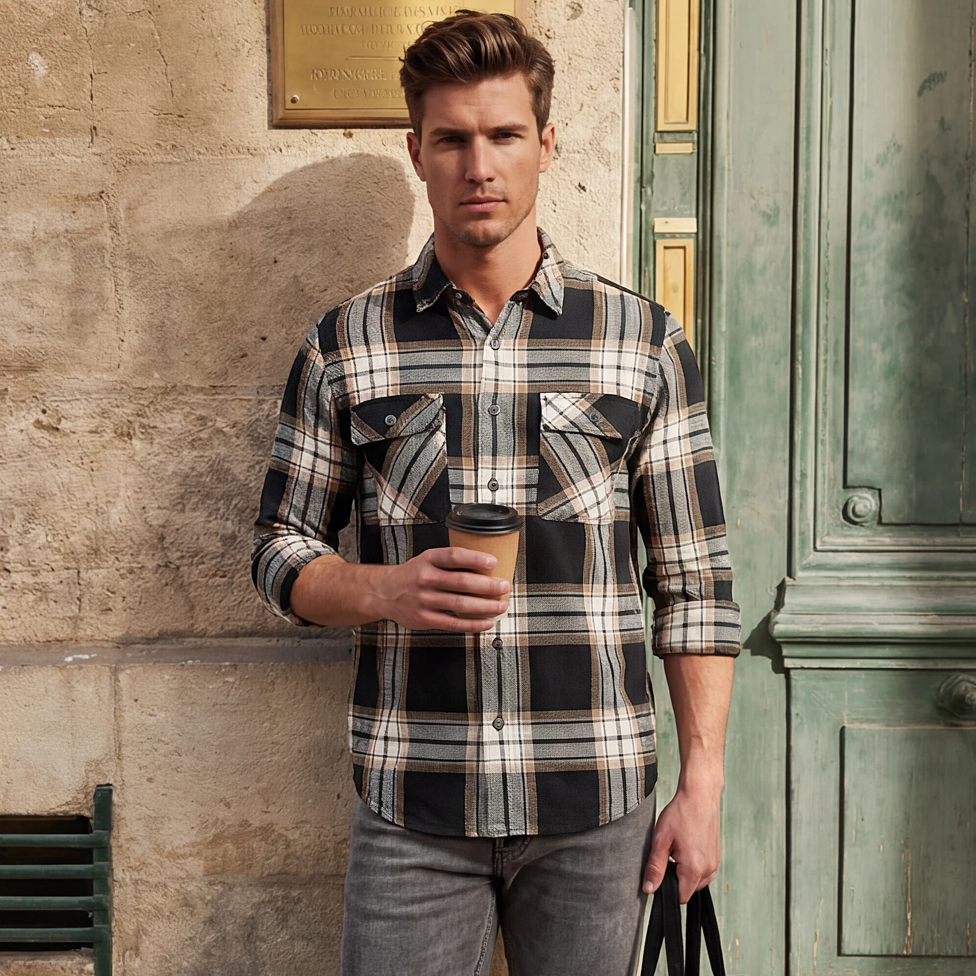 Full Sleeves Slim Fit Black Heavy Cavalry Double Pocket Checks Shirt - Image 2