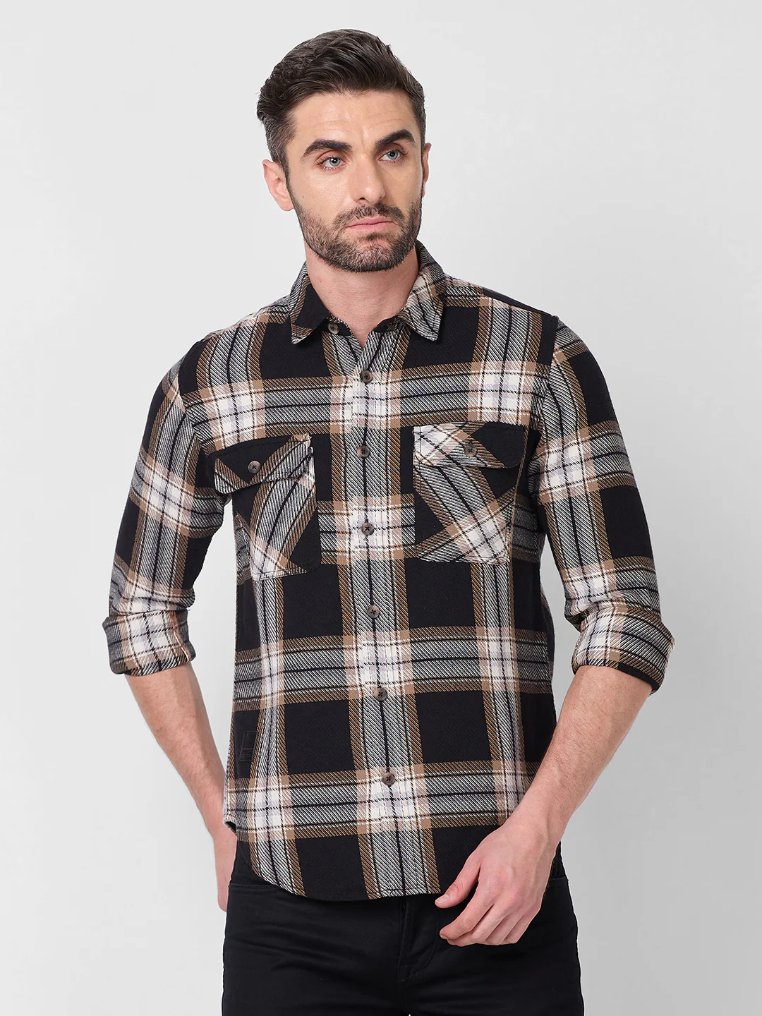 Full Sleeves Slim Fit Black Heavy Cavalry Double Pocket Checks Shirt - Image 3