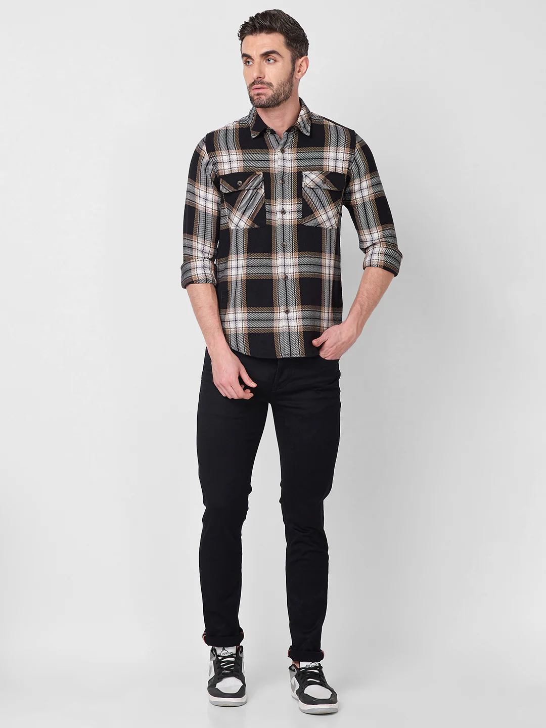 Full Sleeves Slim Fit Black Heavy Cavalry Double Pocket Checks Shirt - Image 4