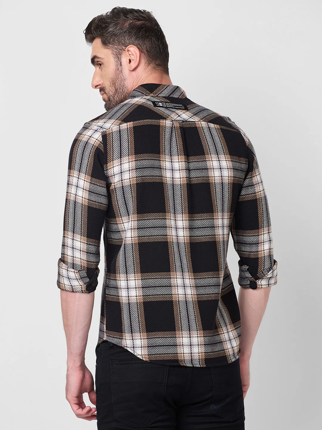 Full Sleeves Slim Fit Black Heavy Cavalry Double Pocket Checks Shirt - Image 5
