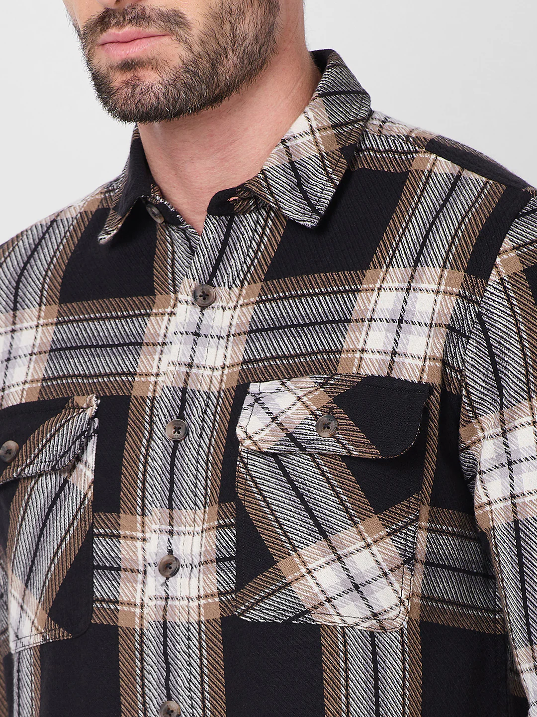 Full Sleeves Slim Fit Black Heavy Cavalry Double Pocket Checks Shirt - Image 7