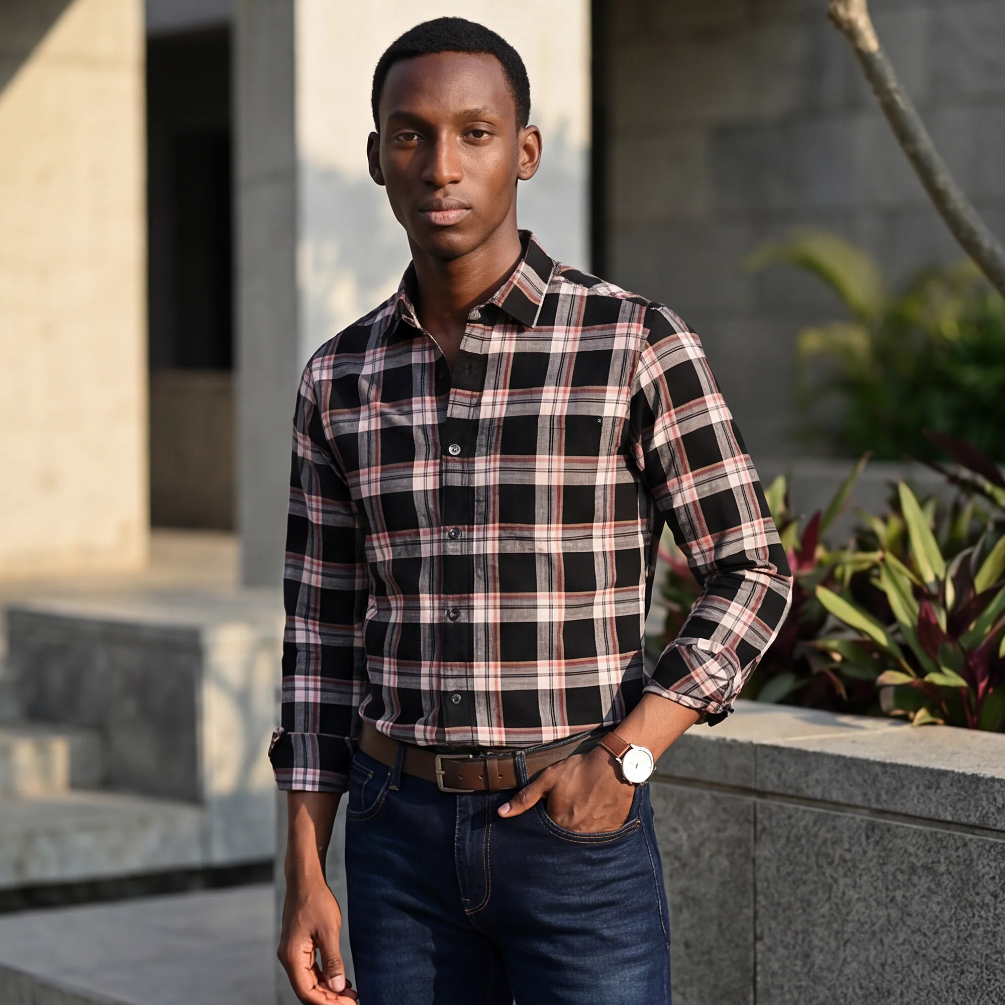 Full Sleeves Slim Fit Black Crepe Weave Checks Shirt - Image 2