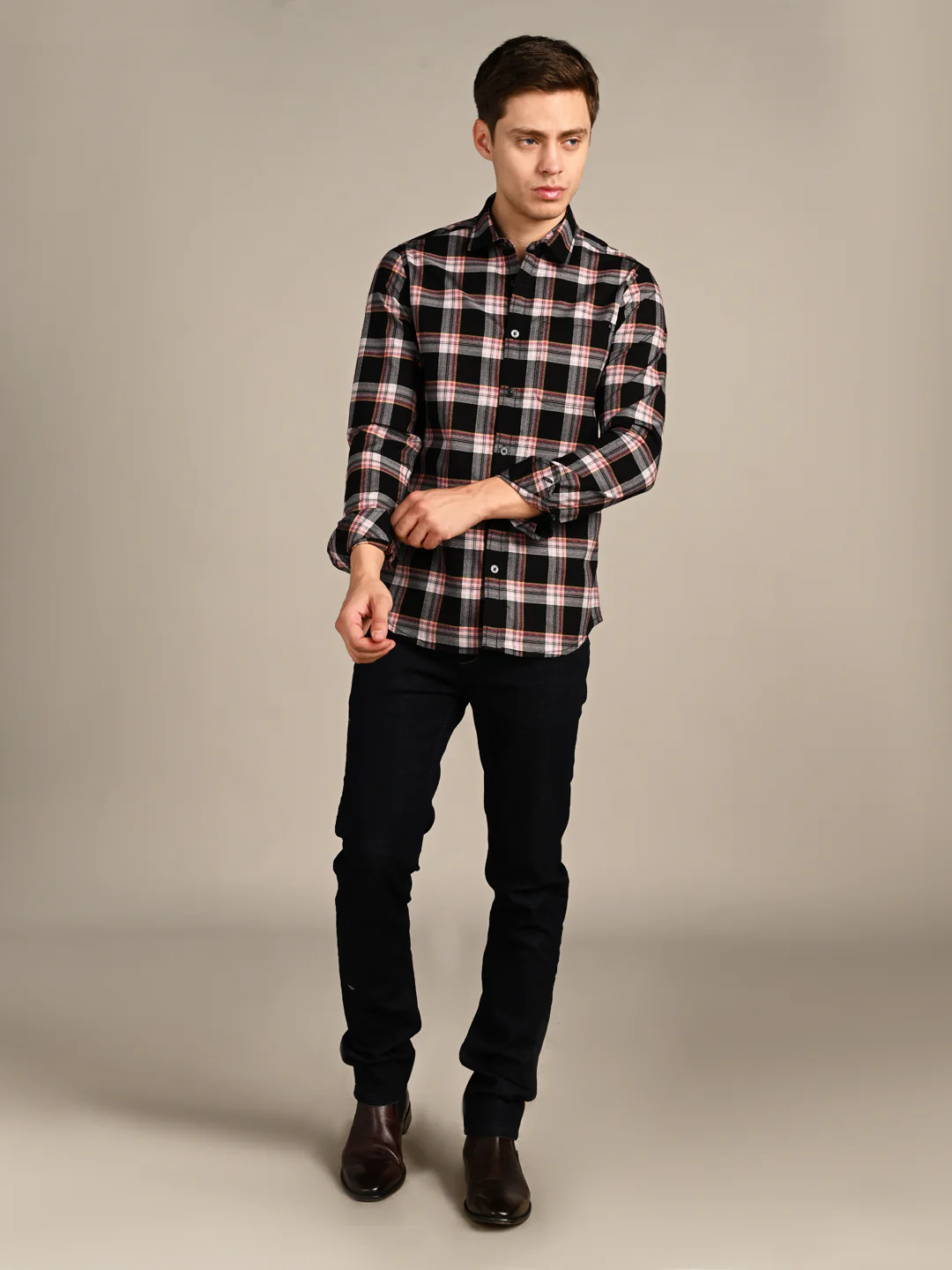 Full Sleeves Slim Fit Black Crepe Weave Checks Shirt - Image 3