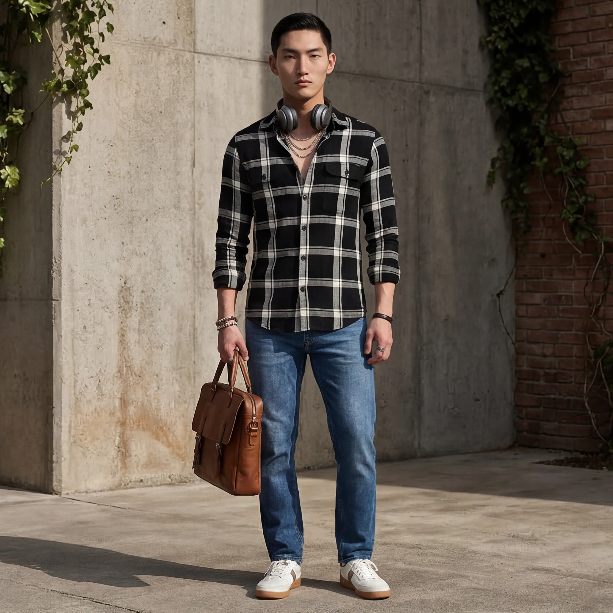 Full Sleeves Straight Fit Black Heavy Textured Double Pocket Checks Shirt