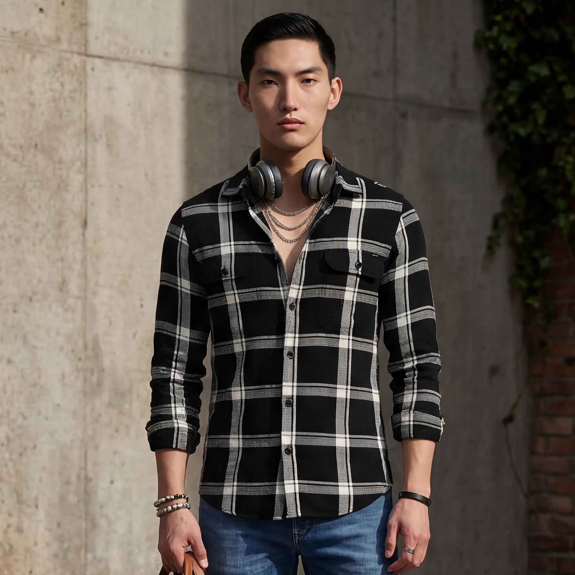 Full Sleeves Straight Fit Black Heavy Textured Double Pocket Checks Shirt - Image 2