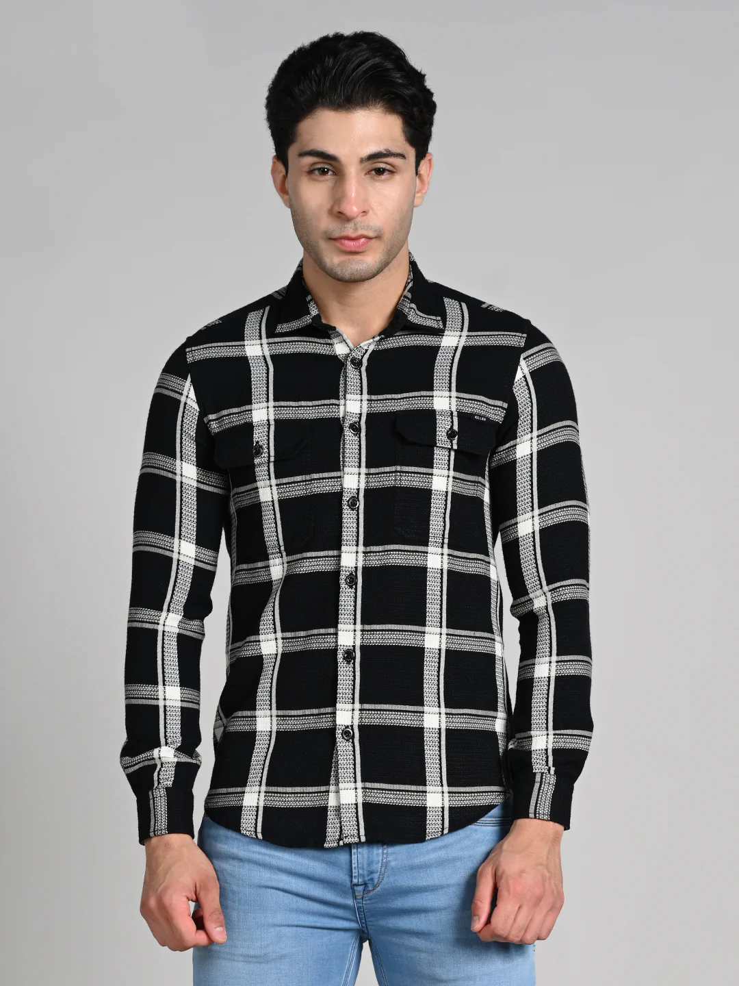 Full Sleeves Straight Fit Black Heavy Textured Double Pocket Checks Shirt - Image 4