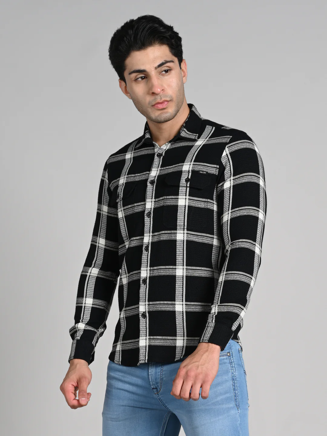 Full Sleeves Straight Fit Black Heavy Textured Double Pocket Checks Shirt - Image 6