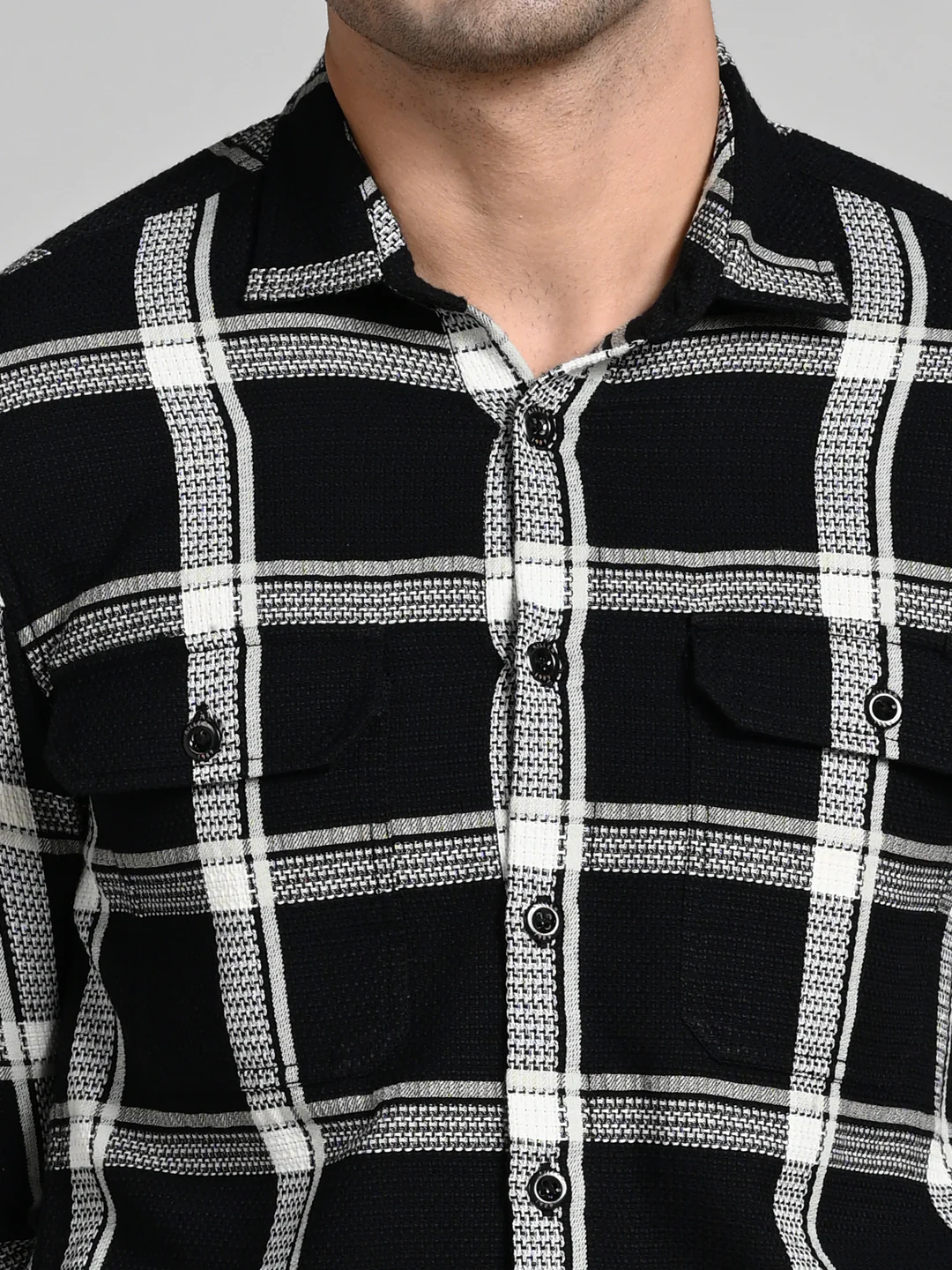 Full Sleeves Straight Fit Black Heavy Textured Double Pocket Checks Shirt - Image 8