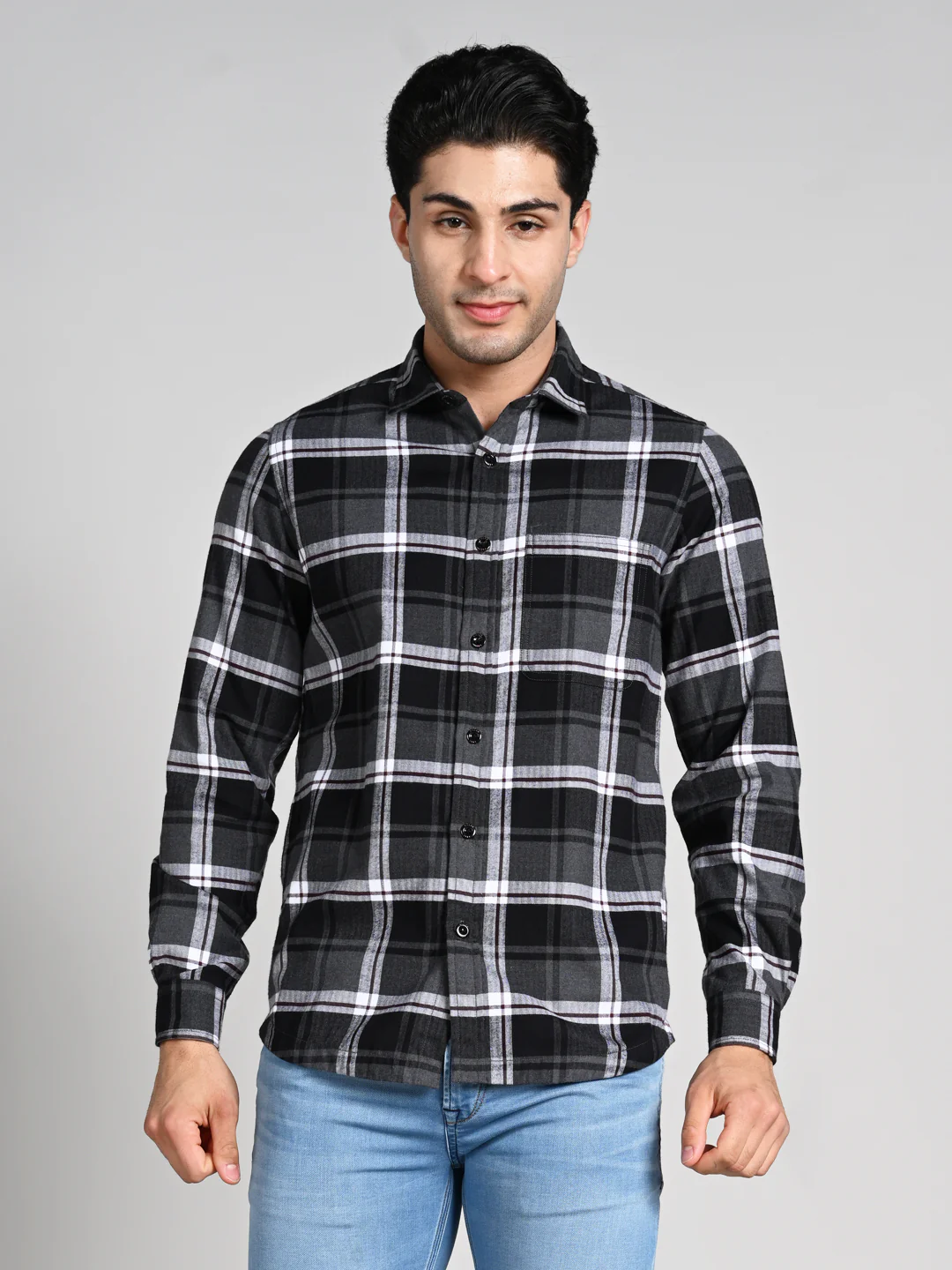 Full Sleeves Slim Fit Black Herringbone Checks Shirt - Image 4