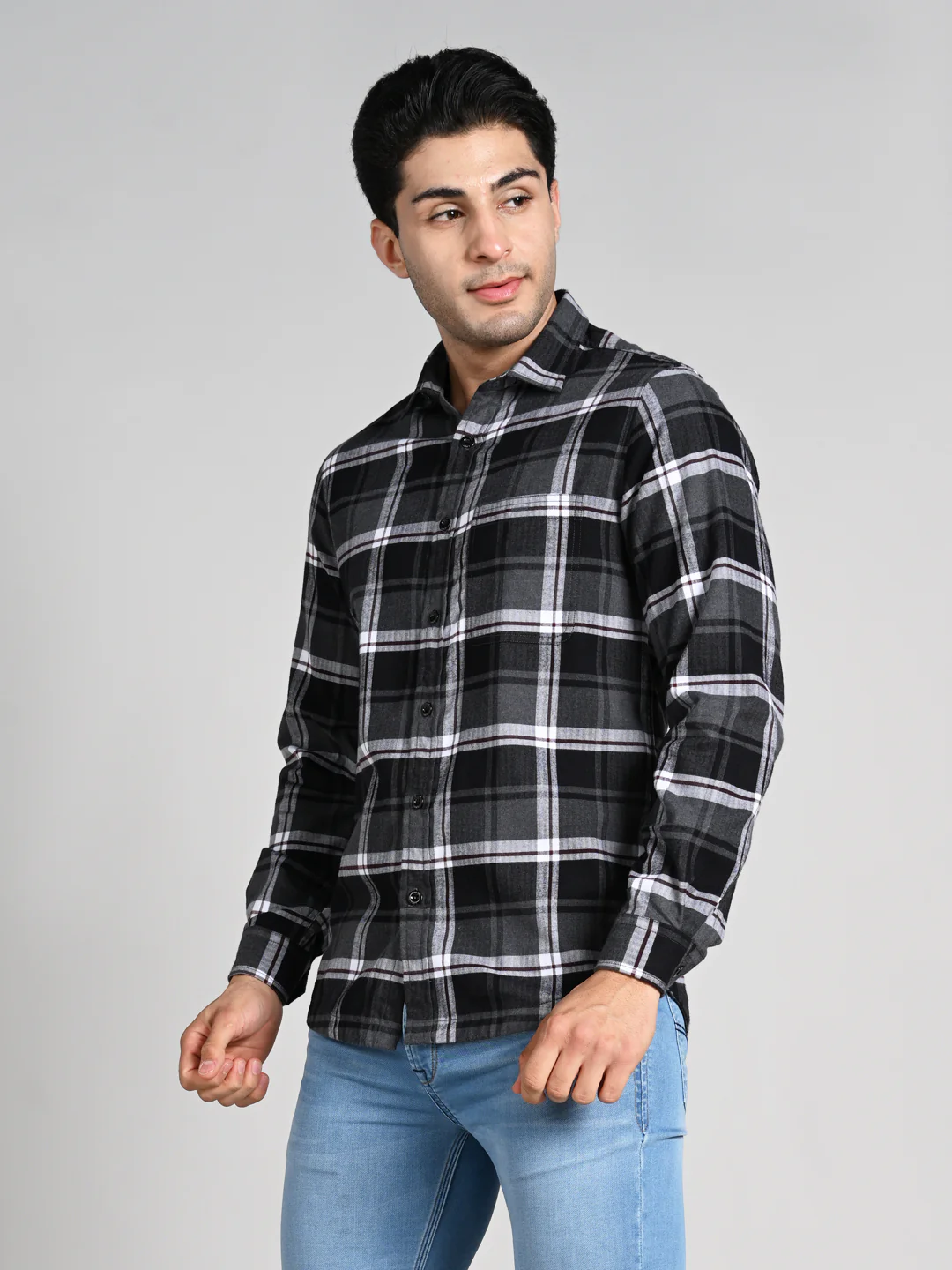 Full Sleeves Slim Fit Black Herringbone Checks Shirt - Image 5