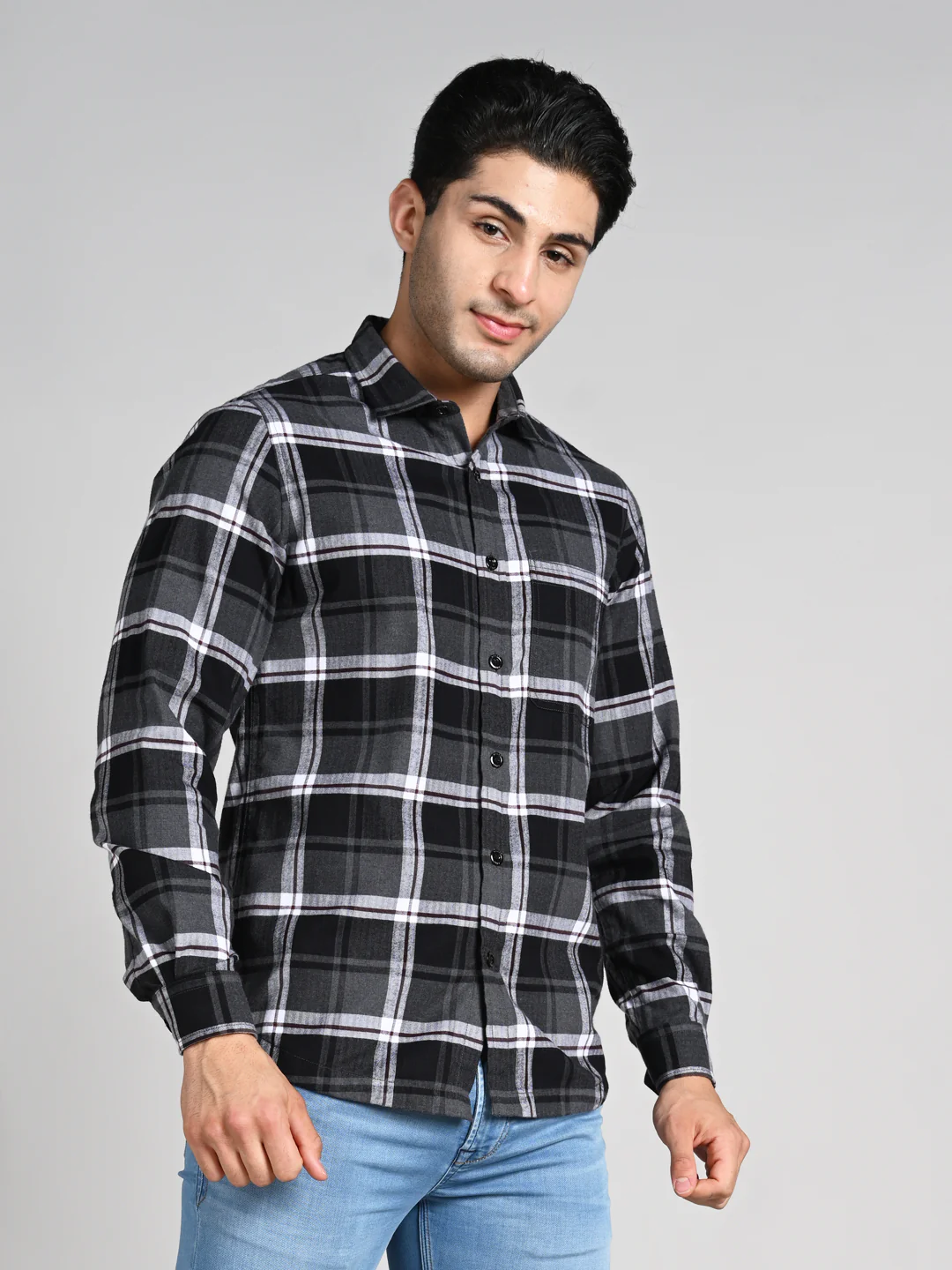 Full Sleeves Slim Fit Black Herringbone Checks Shirt - Image 6