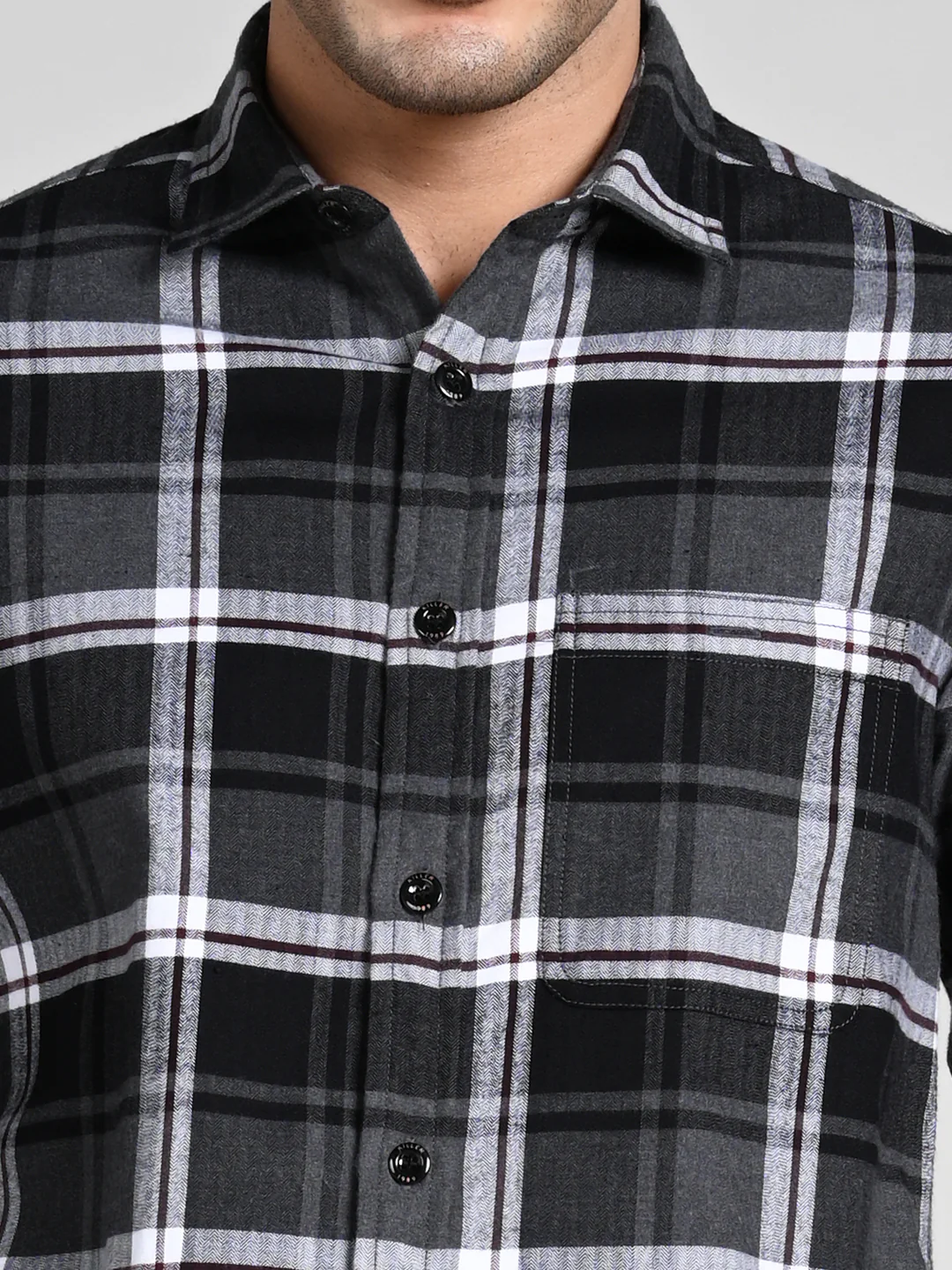 Full Sleeves Slim Fit Black Herringbone Checks Shirt - Image 8