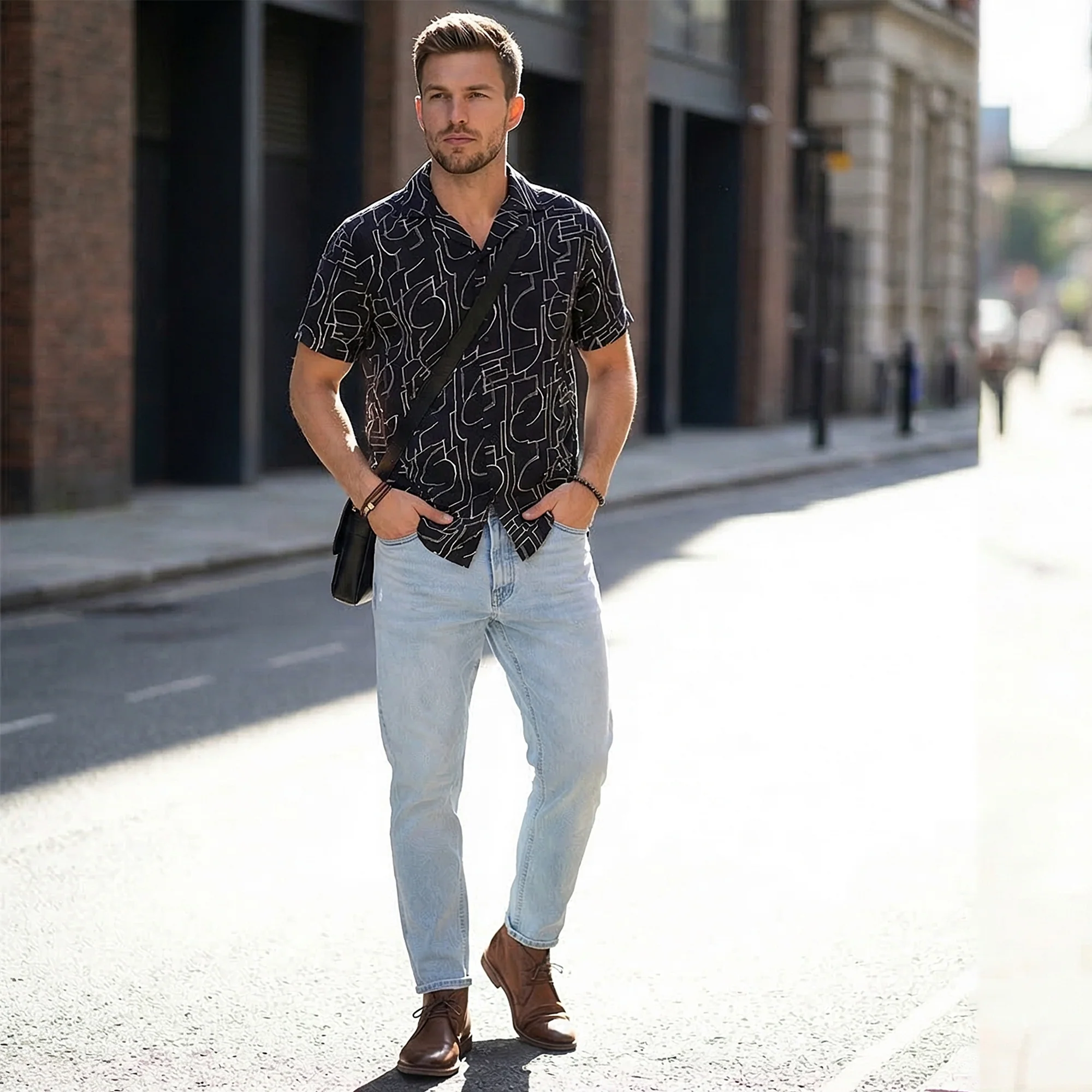 Half Sleeves Regular Fit Black Abstract line-art pattern High-Twisted Cuban Collar Print Shirt