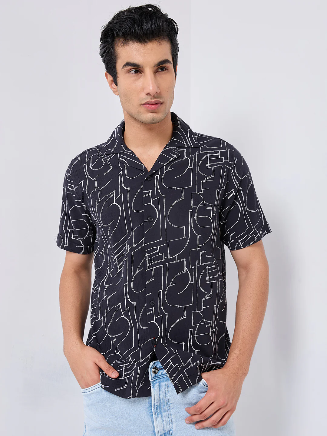 Half Sleeves Regular Fit Black Abstract line-art pattern High-Twisted Cuban Collar Print Shirt - Image 3