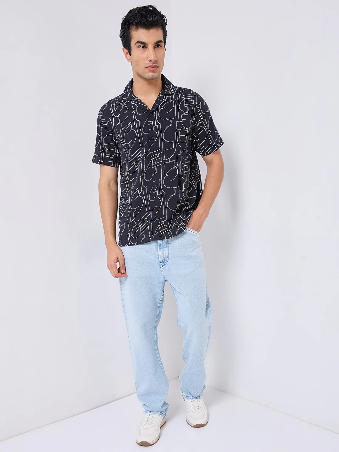 Half Sleeves Regular Fit Black Abstract line-art pattern High-Twisted Cuban Collar Print Shirt - Image 4