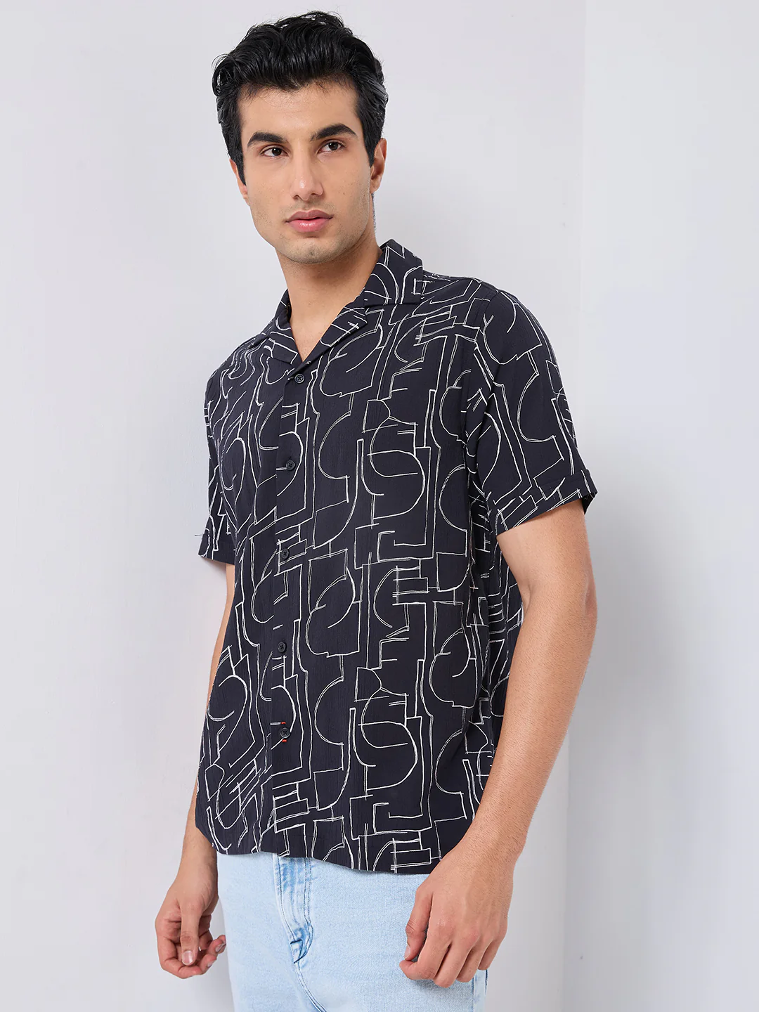 Half Sleeves Regular Fit Black Abstract line-art pattern High-Twisted Cuban Collar Print Shirt - Image 6