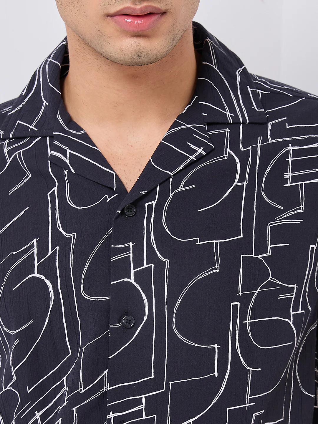 Half Sleeves Regular Fit Black Abstract line-art pattern High-Twisted Cuban Collar Print Shirt - Image 7