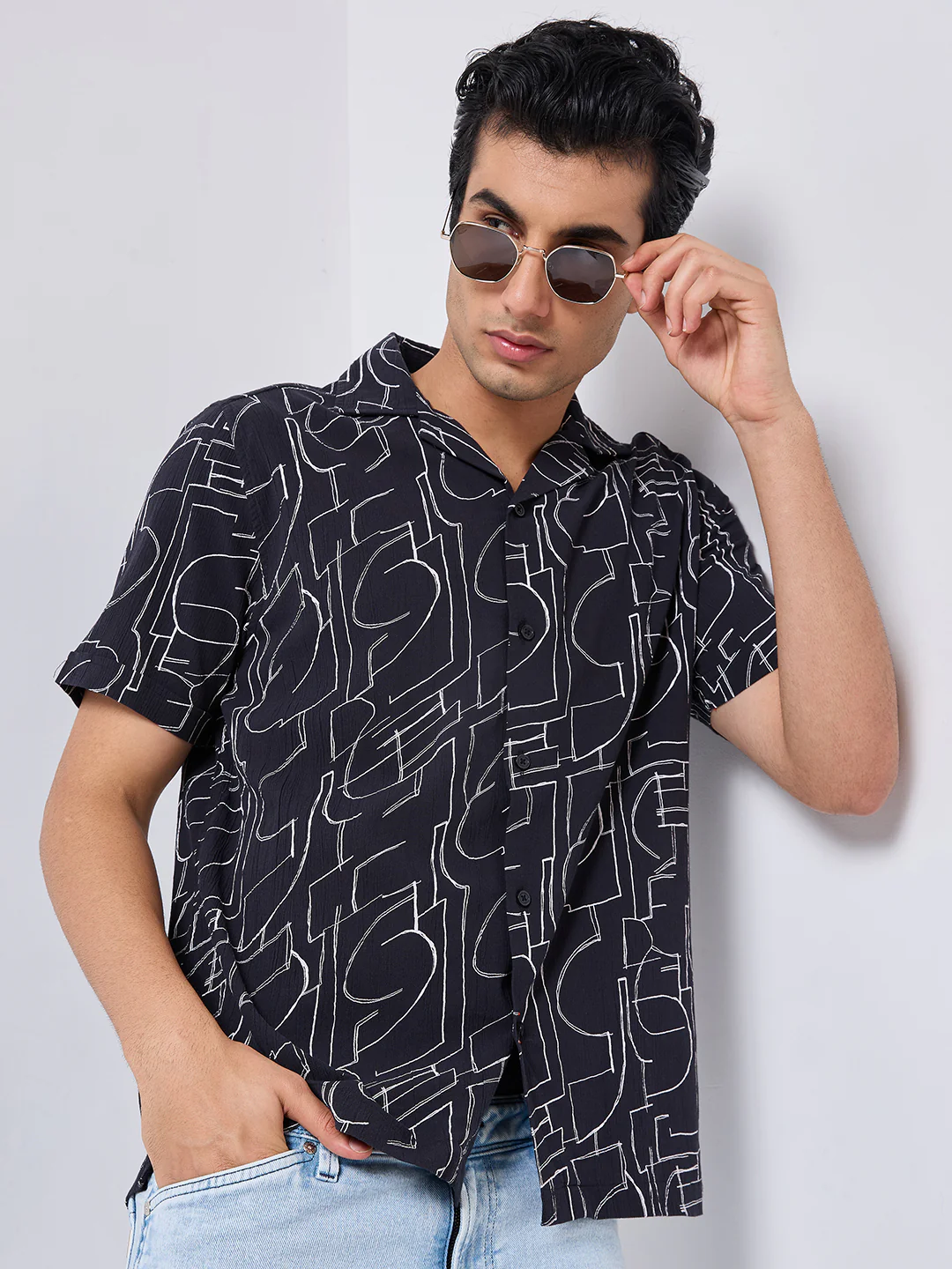 Half Sleeves Regular Fit Black Abstract line-art pattern High-Twisted Cuban Collar Print Shirt - Image 8