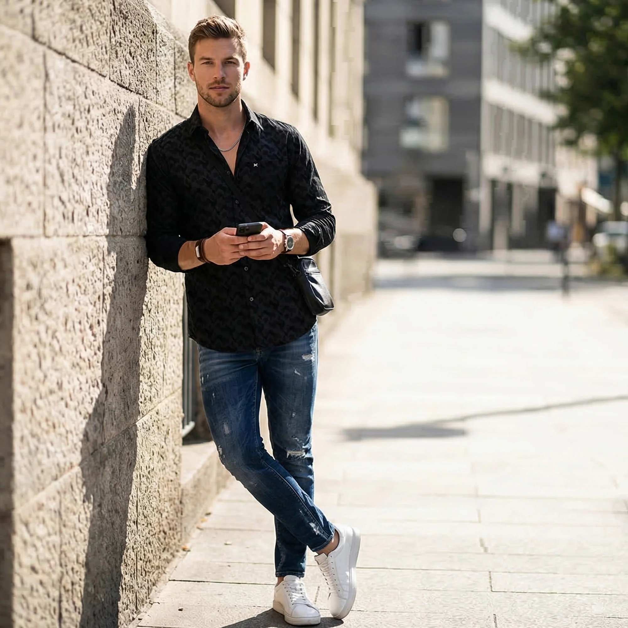 Full Sleeves SlimFit Black All-Over Abstract Geometric Print Shirt