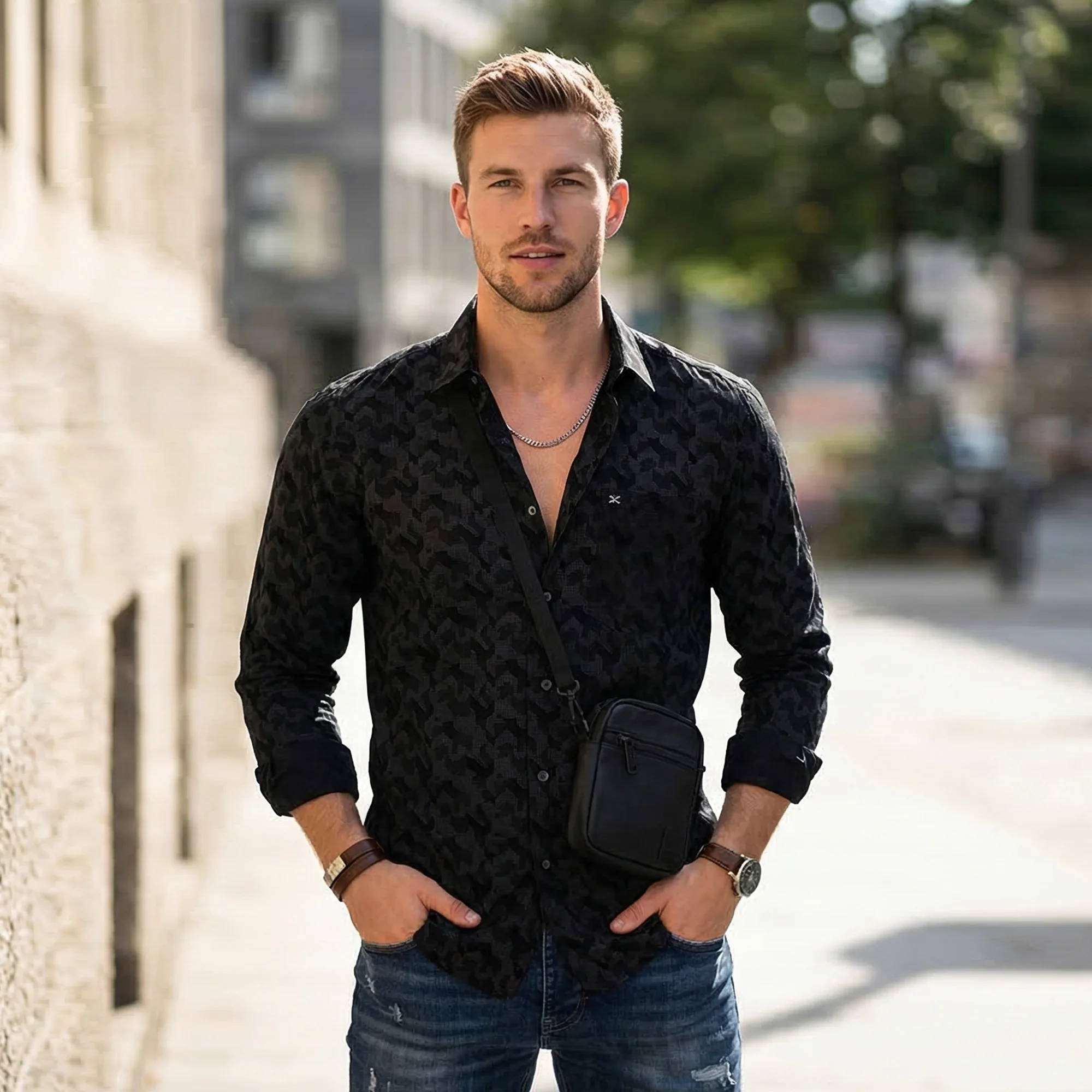 Full Sleeves SlimFit Black All-Over Abstract Geometric Print Shirt - Image 2