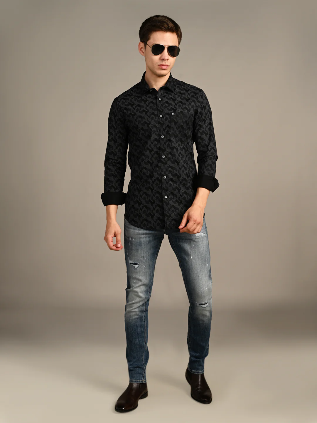 Full Sleeves SlimFit Black All-Over Abstract Geometric Print Shirt - Image 3