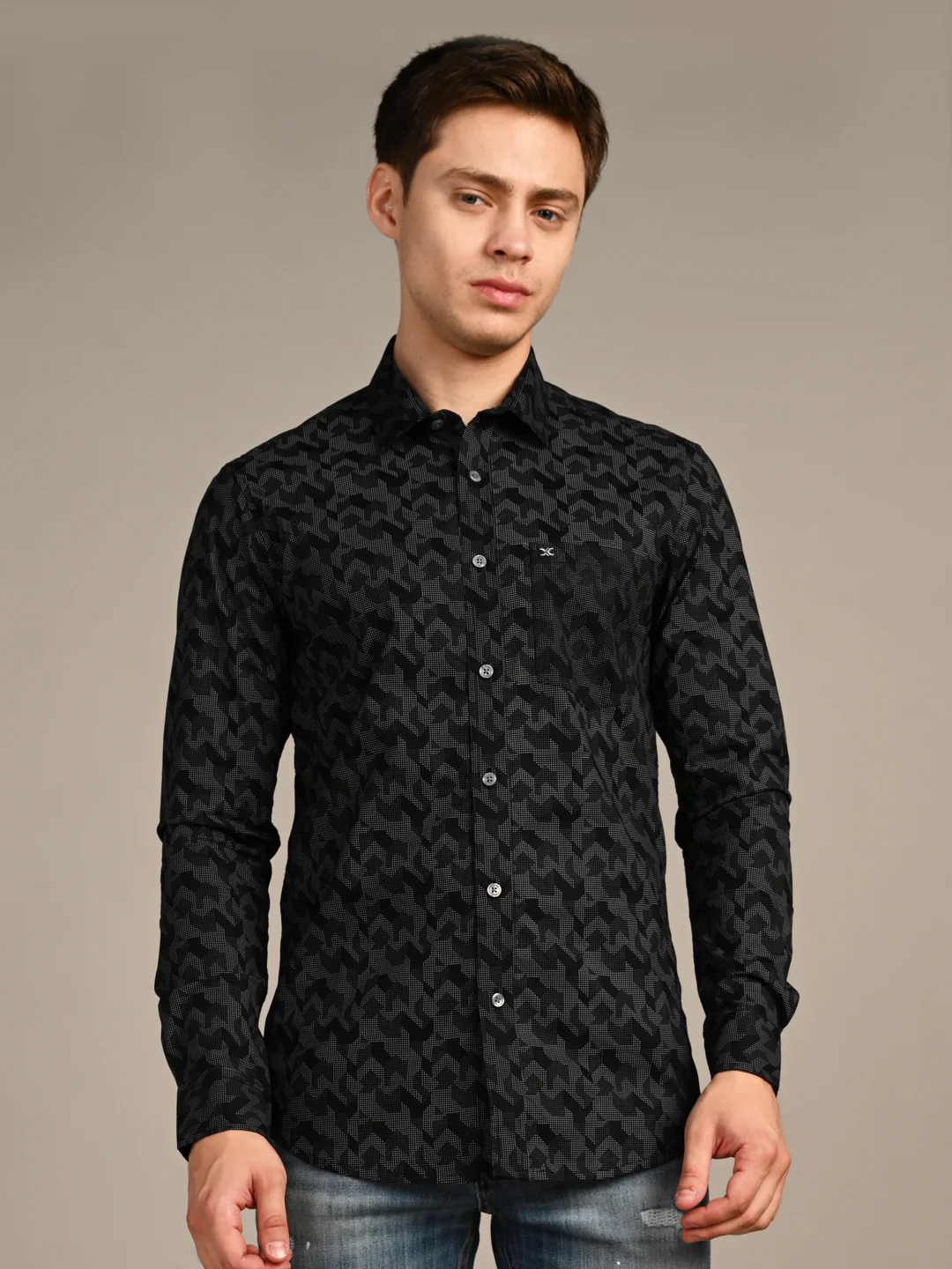 Full Sleeves SlimFit Black All-Over Abstract Geometric Print Shirt - Image 4