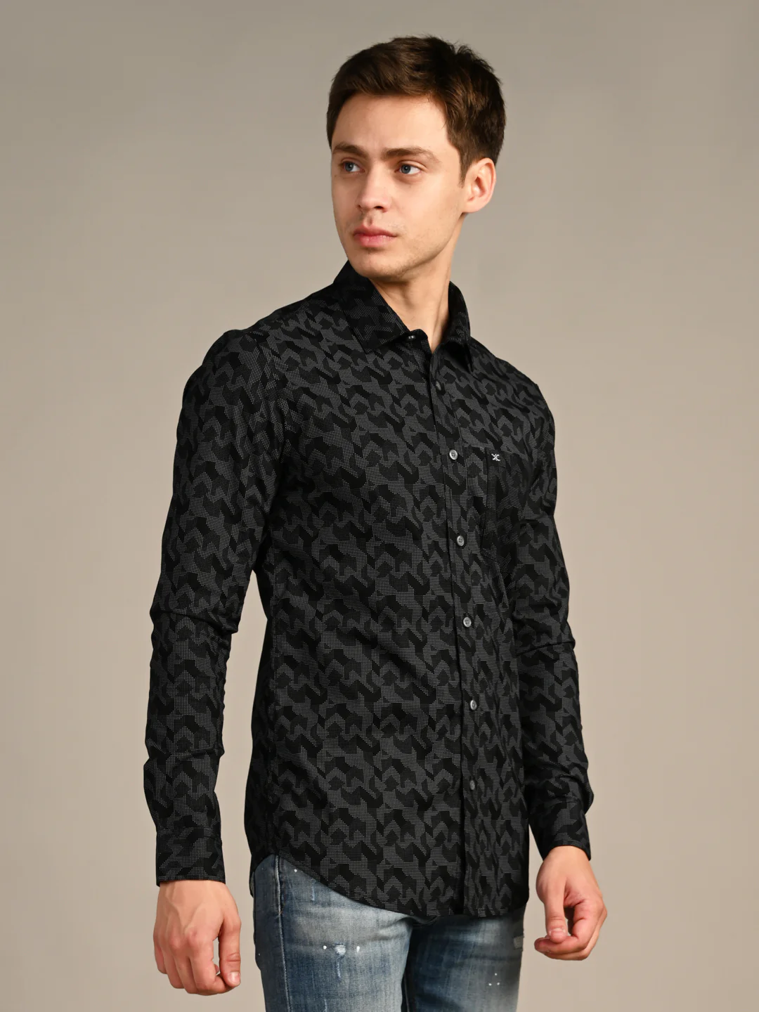 Full Sleeves SlimFit Black All-Over Abstract Geometric Print Shirt - Image 6
