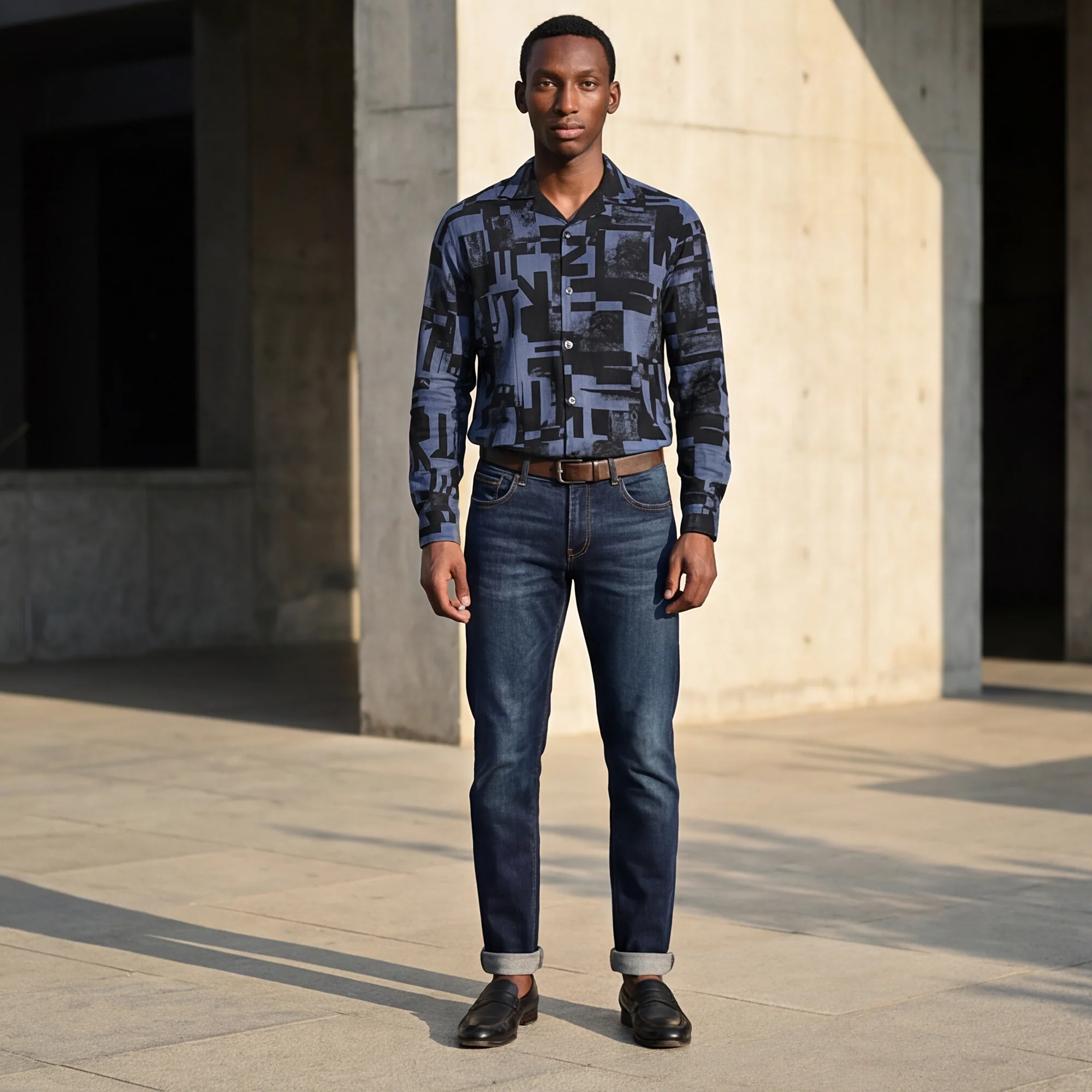 Full Sleeves Staright Fit Black Abstract Geomatric Waffle Textured Print Shirt