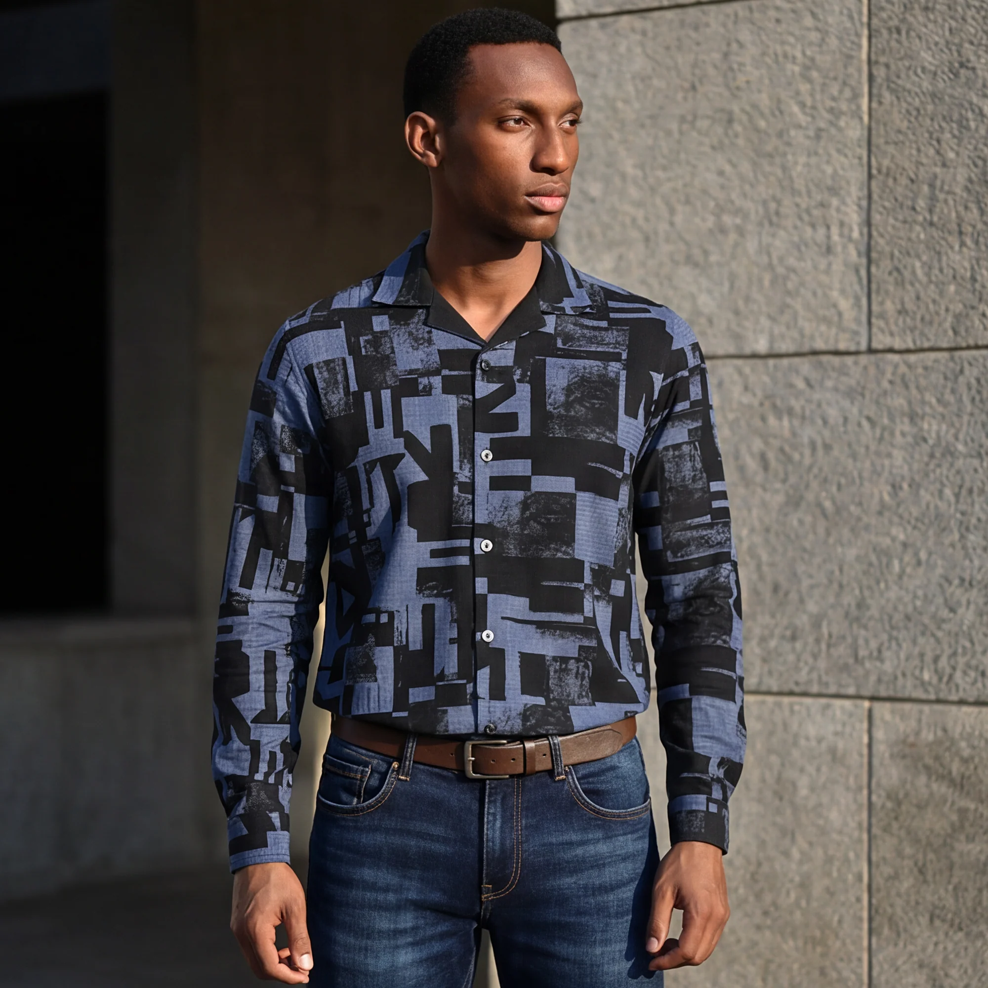 Full Sleeves Staright Fit Black Abstract Geomatric Waffle Textured Print Shirt - Image 2