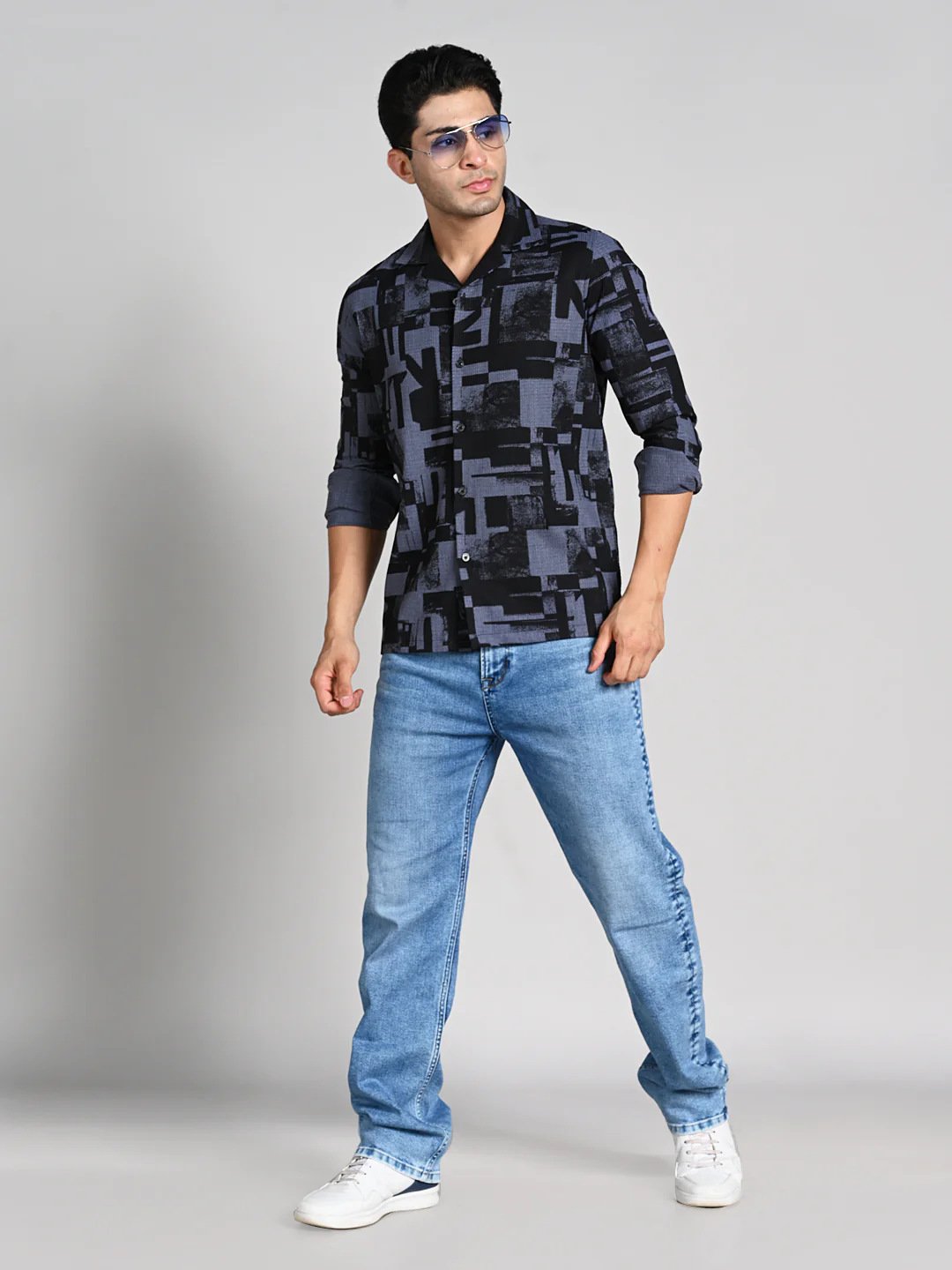 Full Sleeves Staright Fit Black Abstract Geomatric Waffle Textured Print Shirt - Image 3