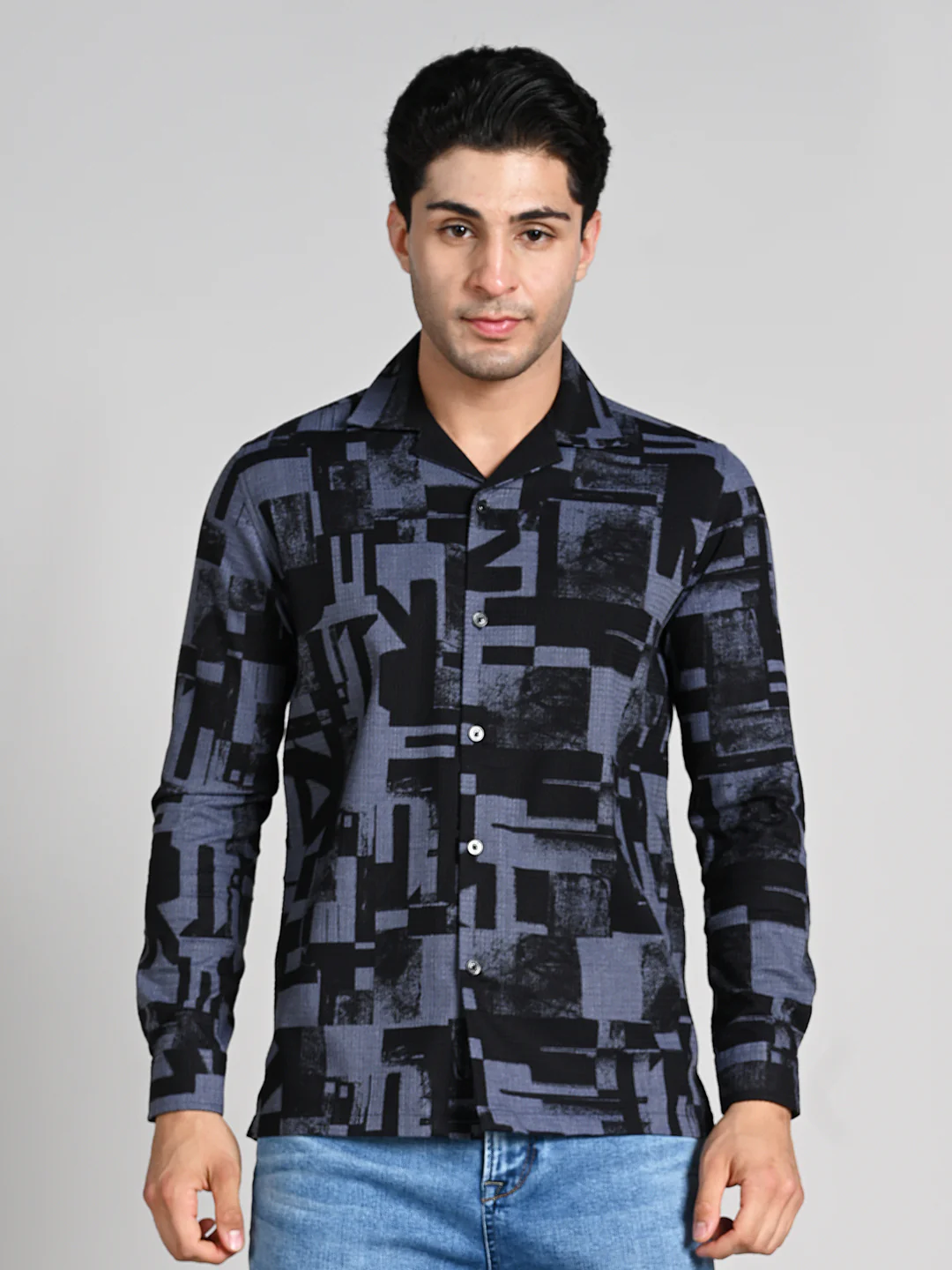 Full Sleeves Staright Fit Black Abstract Geomatric Waffle Textured Print Shirt - Image 4