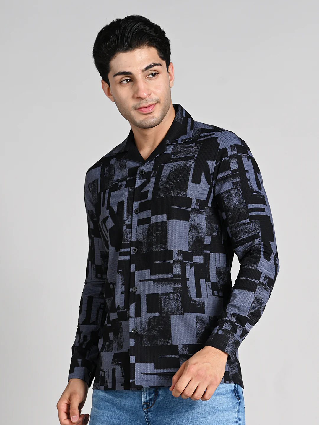 Full Sleeves Staright Fit Black Abstract Geomatric Waffle Textured Print Shirt - Image 5