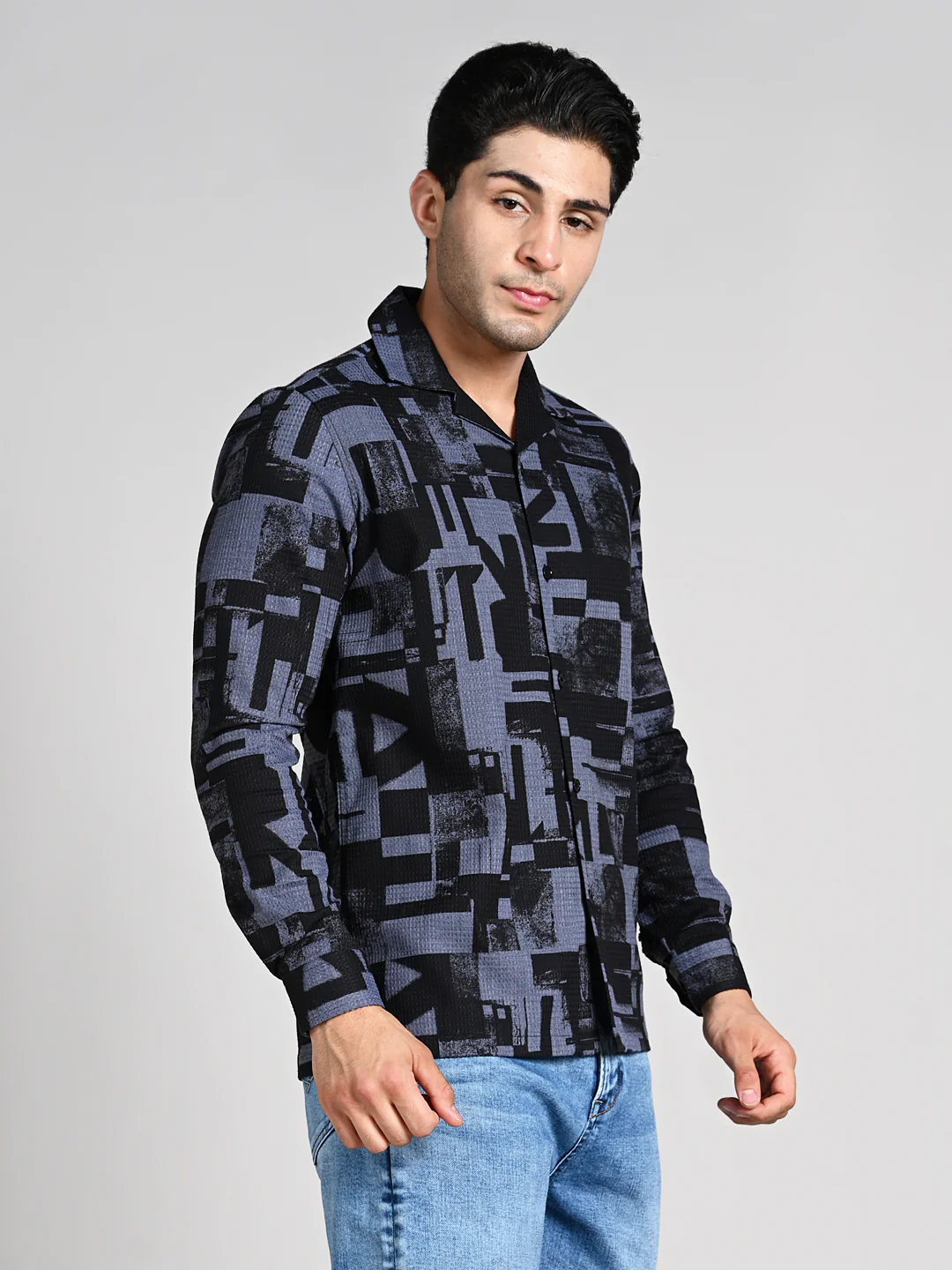 Full Sleeves Staright Fit Black Abstract Geomatric Waffle Textured Print Shirt - Image 6