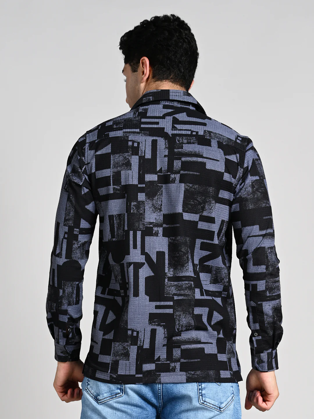 Full Sleeves Staright Fit Black Abstract Geomatric Waffle Textured Print Shirt - Image 7