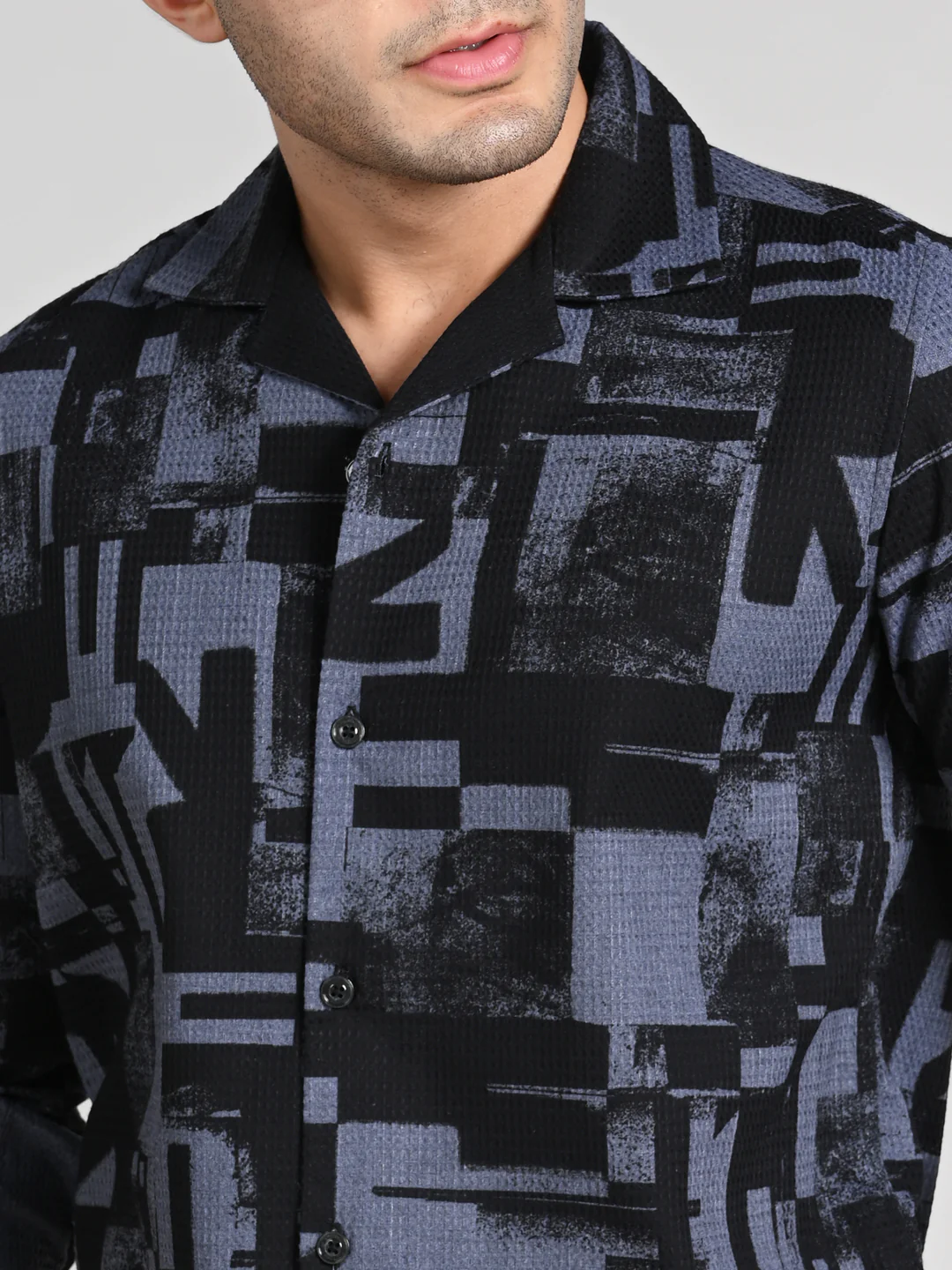 Full Sleeves Staright Fit Black Abstract Geomatric Waffle Textured Print Shirt - Image 8